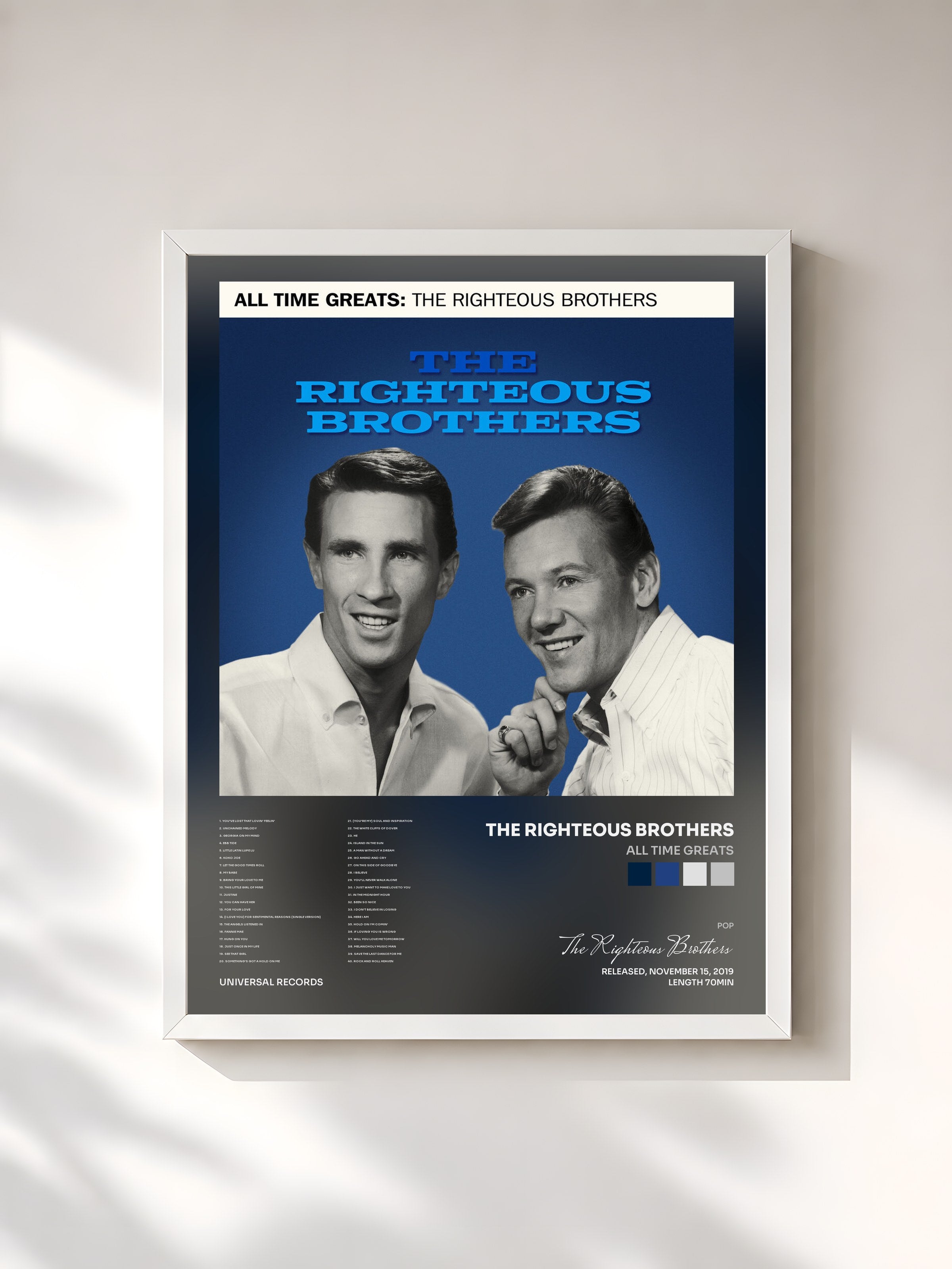 #blanc Tableau de l'album All Time Greats de The Righteous Brothers, cadre blanc, imprimé et encadré en France