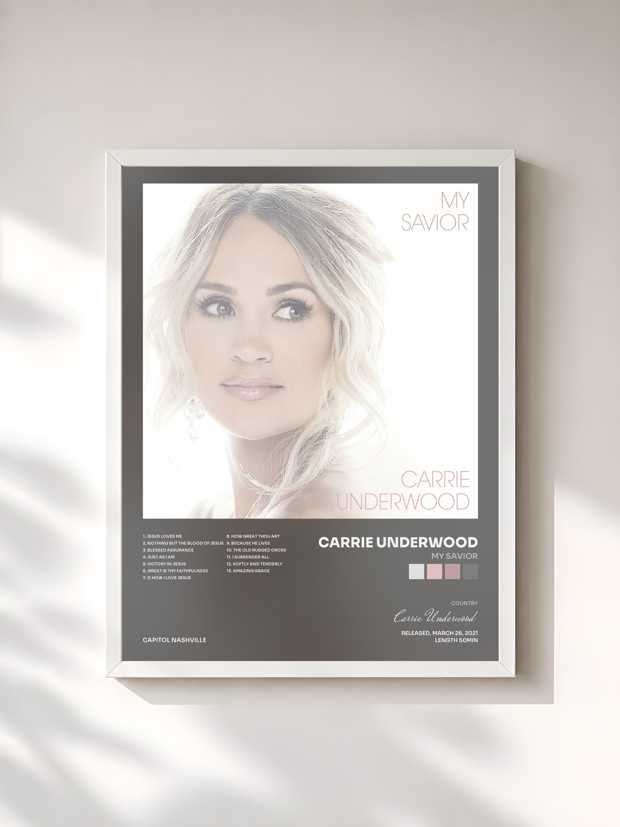 #blanc Tableau de l'album My Savior de Carrie Underwood, cadre blanc, imprimé et encadré en France