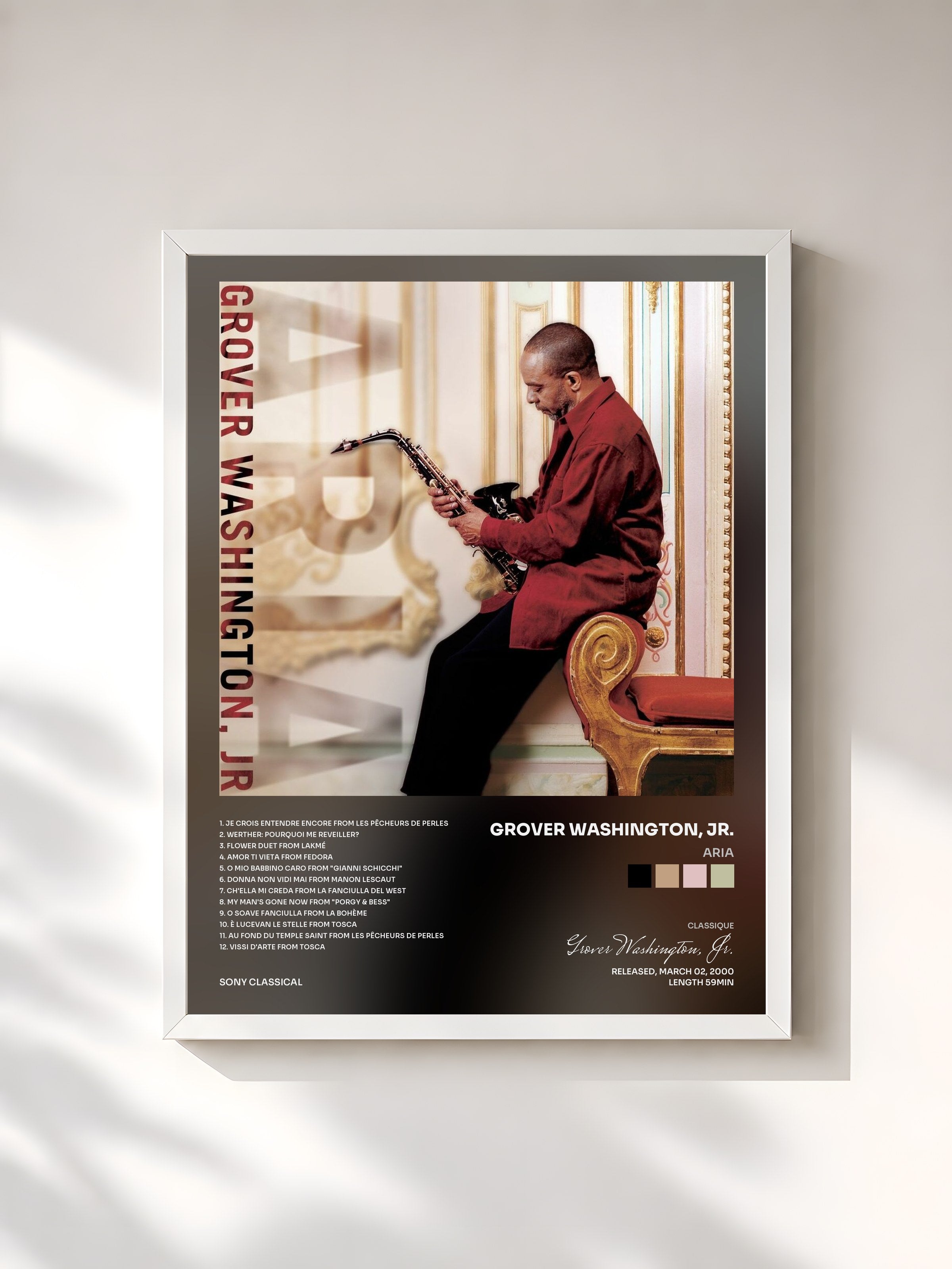 #blanc Tableau de l'album Aria de Grover Washington, Jr., cadre blanc, imprimé et encadré en France