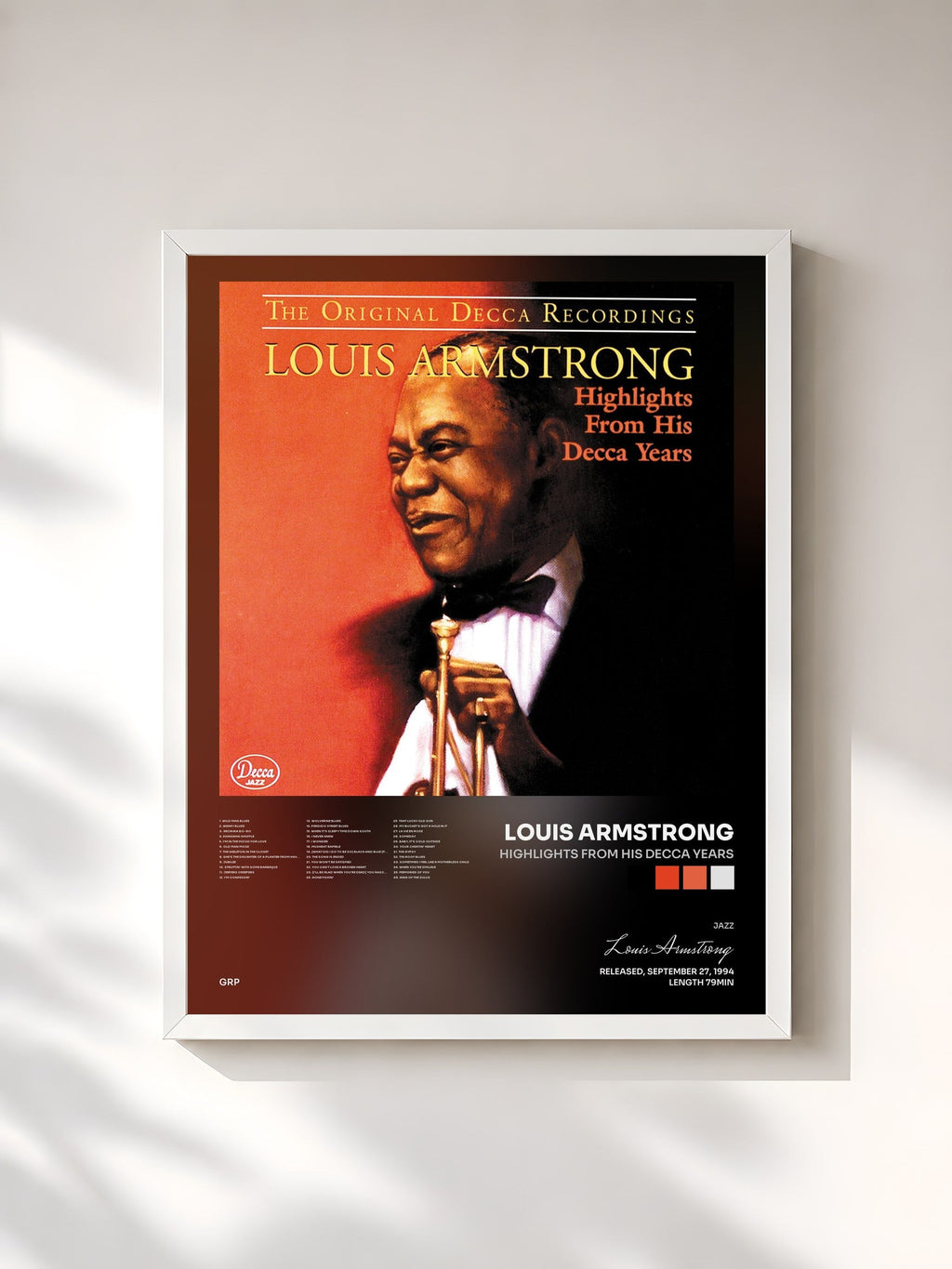 #blanc Tableau de l'album Highlights From His Decca Years de Louis Armstrong, cadre blanc, imprimé et encadré en France