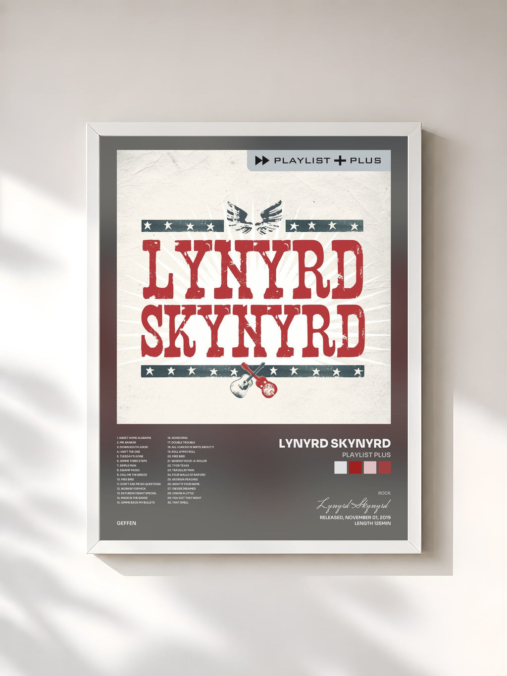 #blanc Playlist Plus de Lynyrd Skynyrd en lámina enmarcada, marco blanco, impresa y enmarcada en Francia
