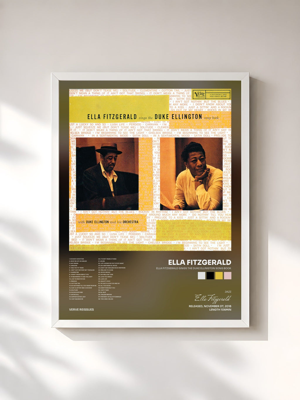 #blanc Tableau de l'album Ella Fitzgerald Sings The Duke Ellington Song Book de Ella Fitzgerald, cadre blanc, imprimé et encadré en France