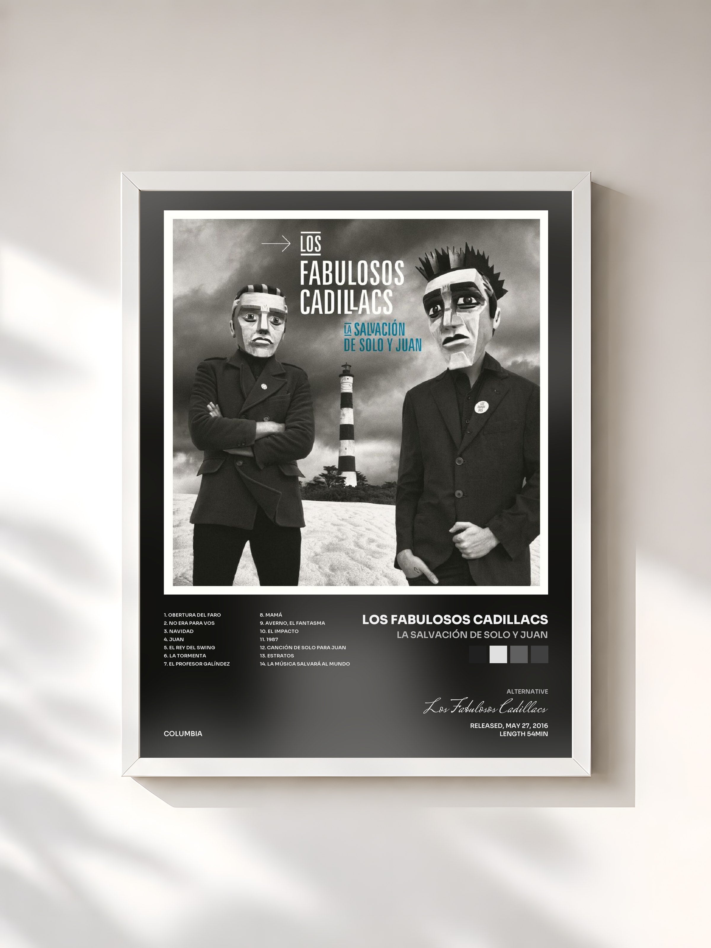 #blanc Tableau de l'album La Salvación de Solo y Juan de Los Fabulosos Cadillacs, cadre blanc, imprimé et encadré en France
