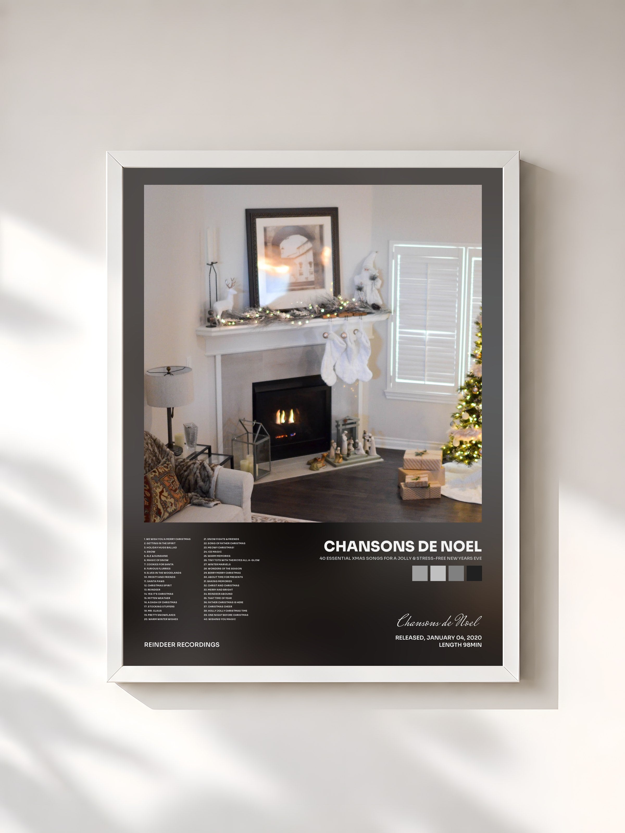 #blanc Tableau de l'album 40 Essential Xmas Songs for a Jolly & Stress-Free New Years Eve de Chansons de Noel, cadre blanc, imprimé et encadré en France