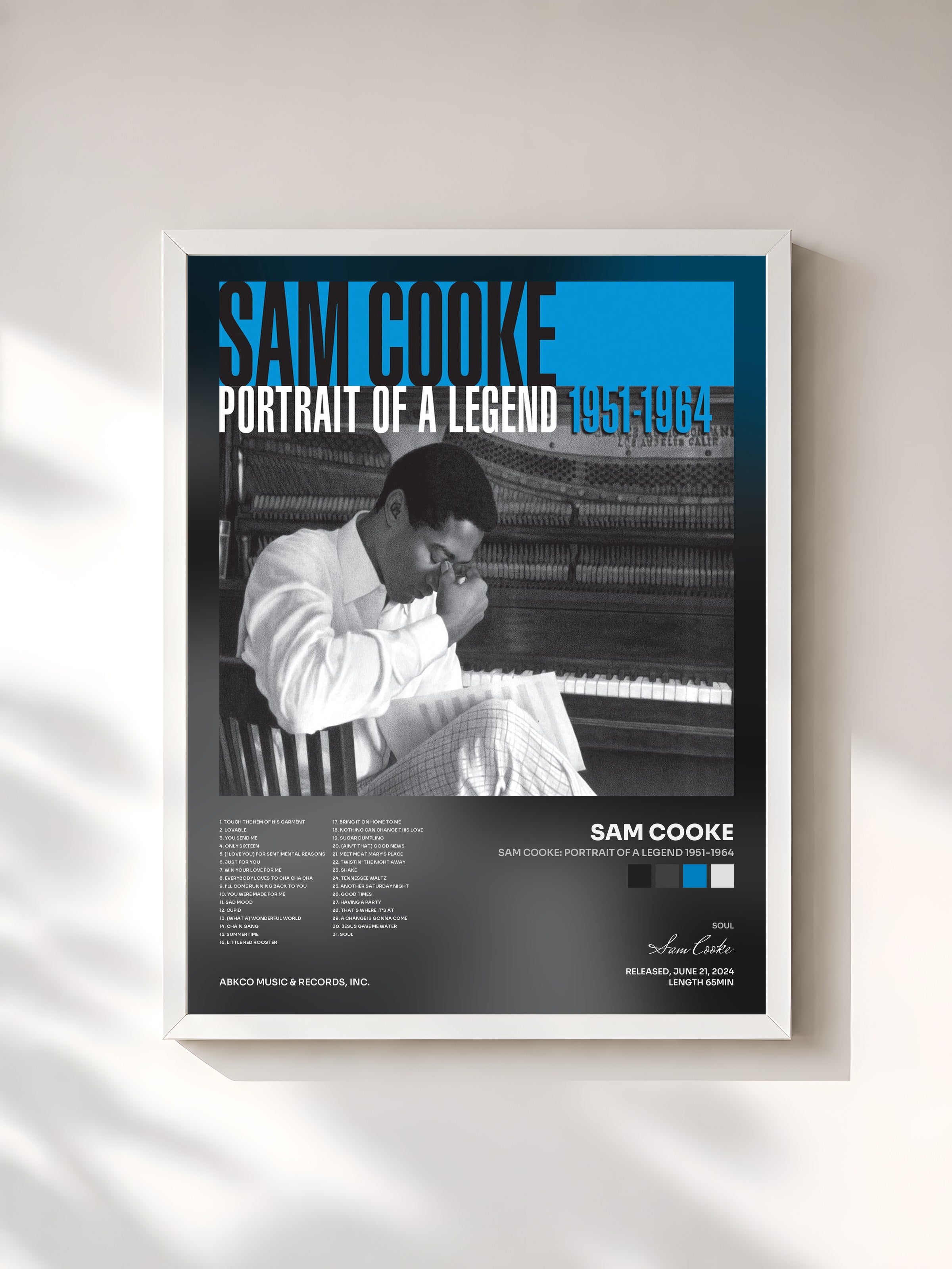 #blanc Tableau de l'album Sam Cooke: Portrait Of A Legend 1951-1964 de Sam Cooke, cadre blanc, imprimé et encadré en France
