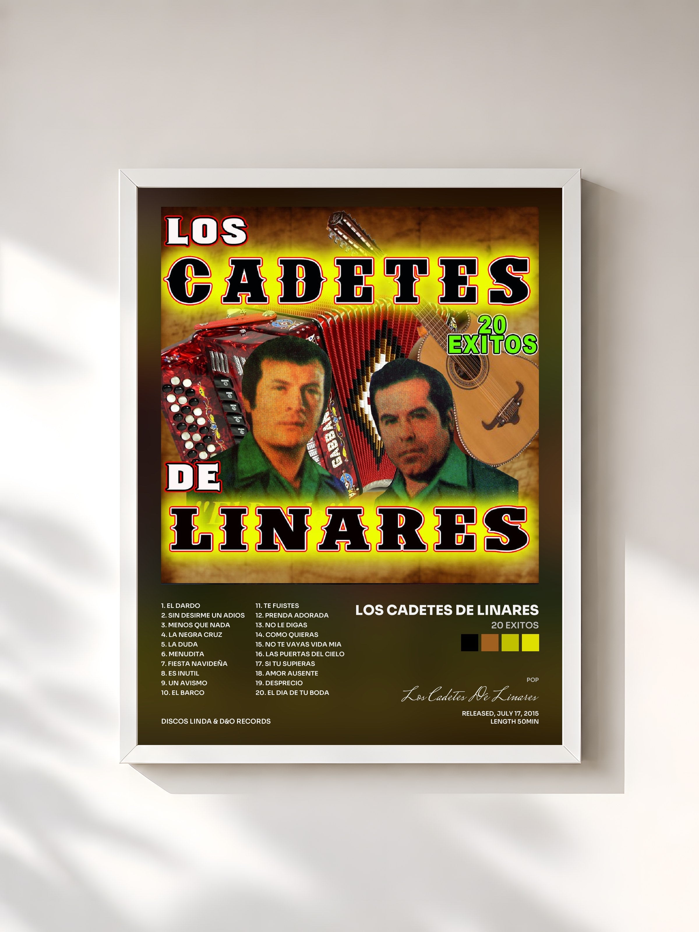 #blanc Tableau de l'album 20 Exitos de Los Cadetes De Linares, cadre blanc, imprimé et encadré en France