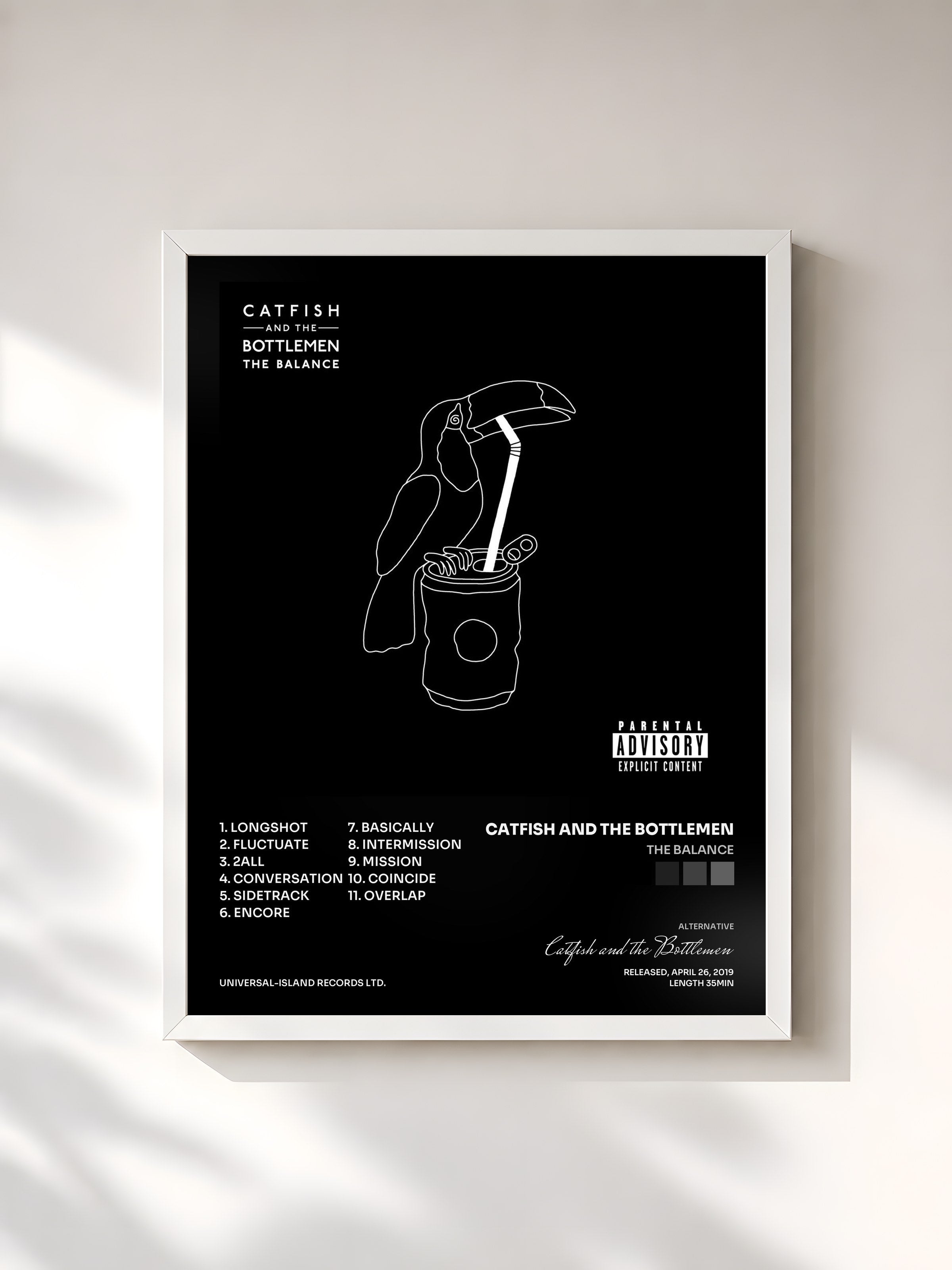 #blanc Tableau de l'album The Balance de Catfish and the Bottlemen, cadre blanc, imprimé et encadré en France