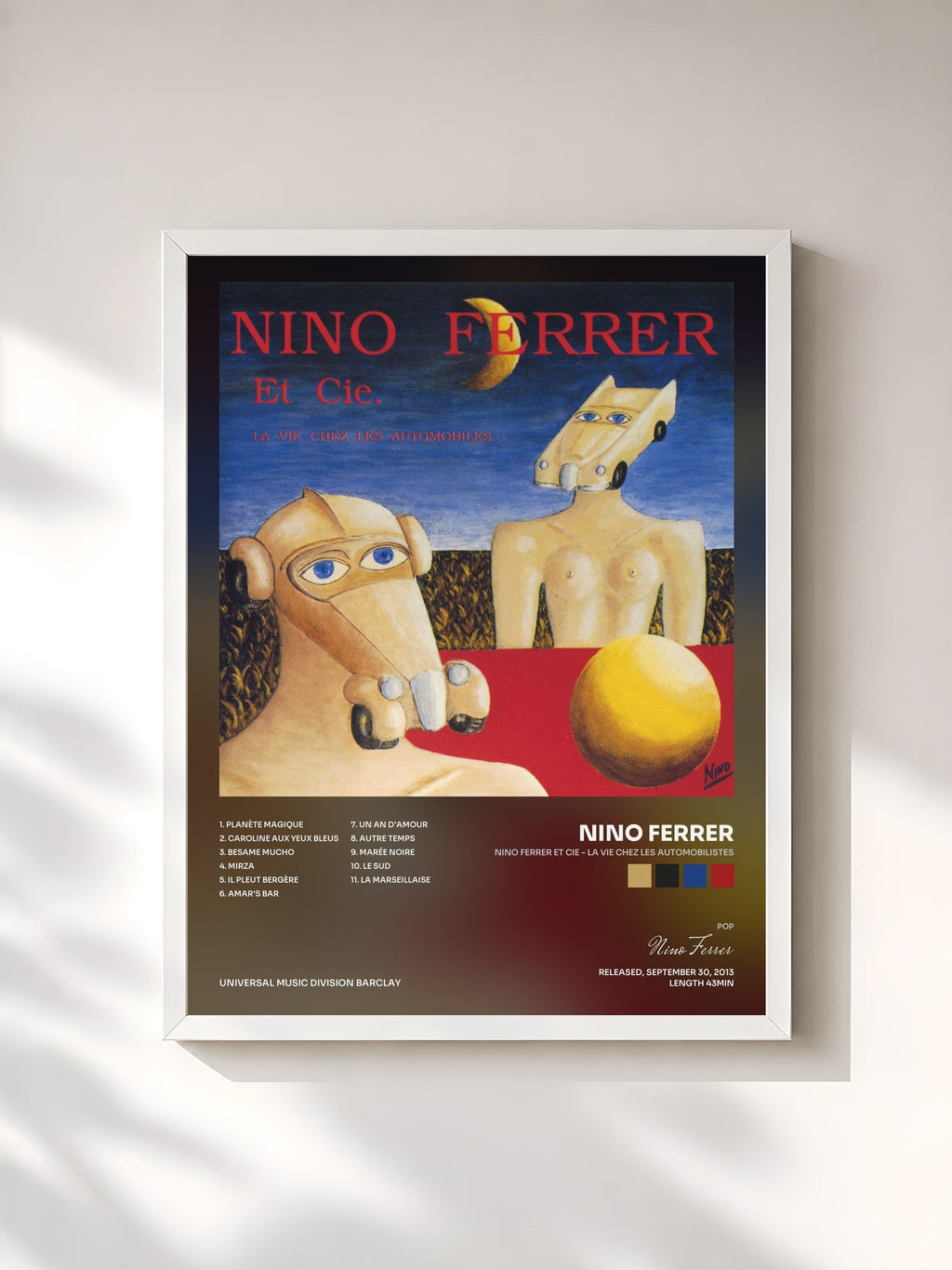 #blanc Tableau de l'album Nino Ferrer Et Cie - La Vie Chez Les Automobilistes de Nino Ferrer, cadre blanc, imprimé et encadré en France