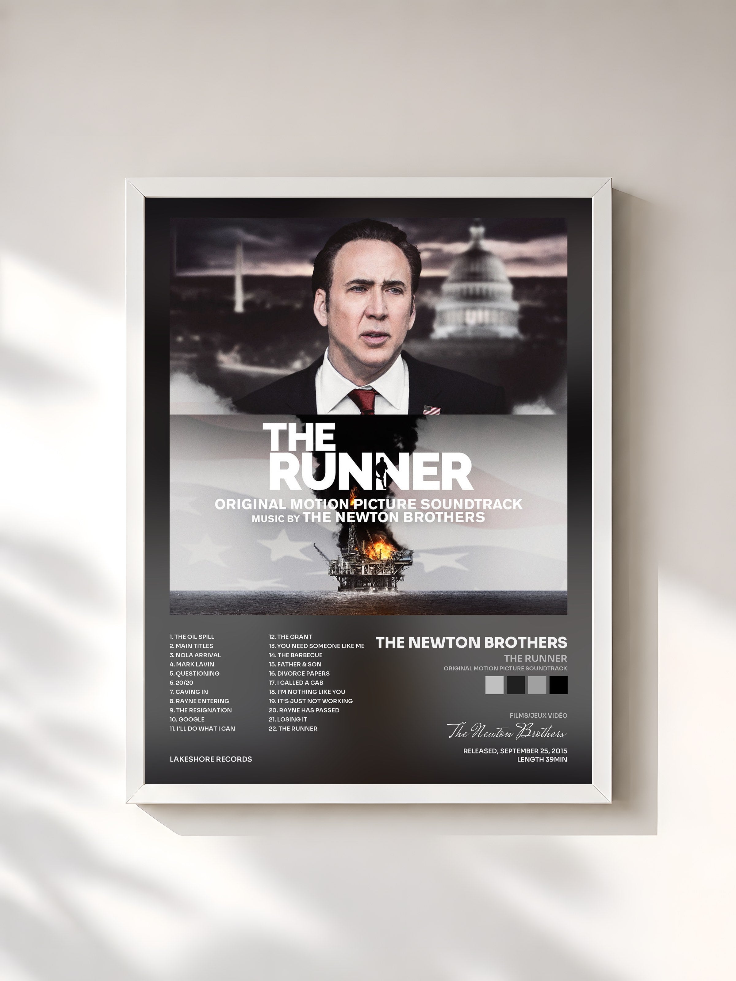 #blanc Tableau de l'album The Runner (Original Motion Picture Soundtrack) de The Newton Brothers, cadre blanc, imprimé et encadré en France