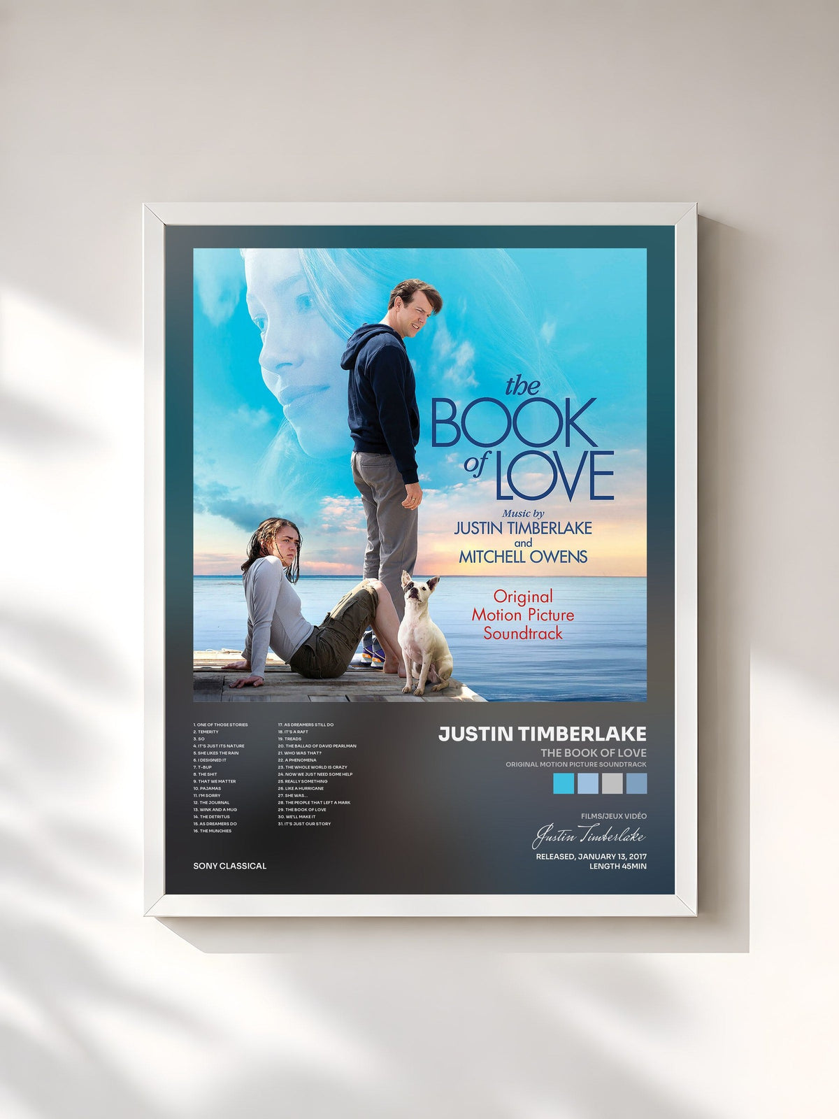 #blanc Tableau de l'album The Book of Love (Original Motion Picture Soundtrack) de Justin Timberlake, cadre blanc, imprimé et encadré en France