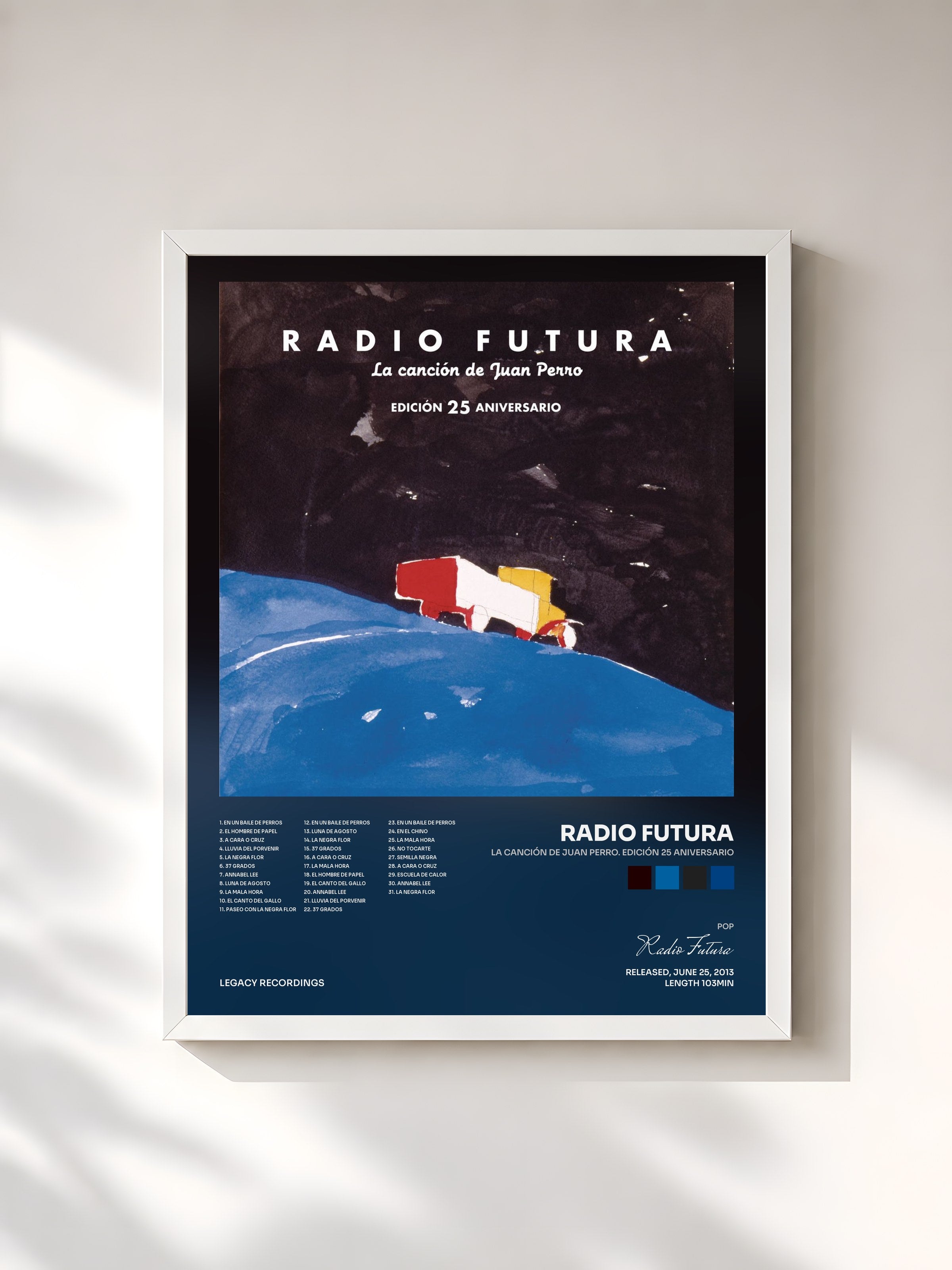 #blanc Tableau de l'album La Canción De Juan Perro. Edición 25 Aniversario de Radio Futura, cadre blanc, imprimé et encadré en France