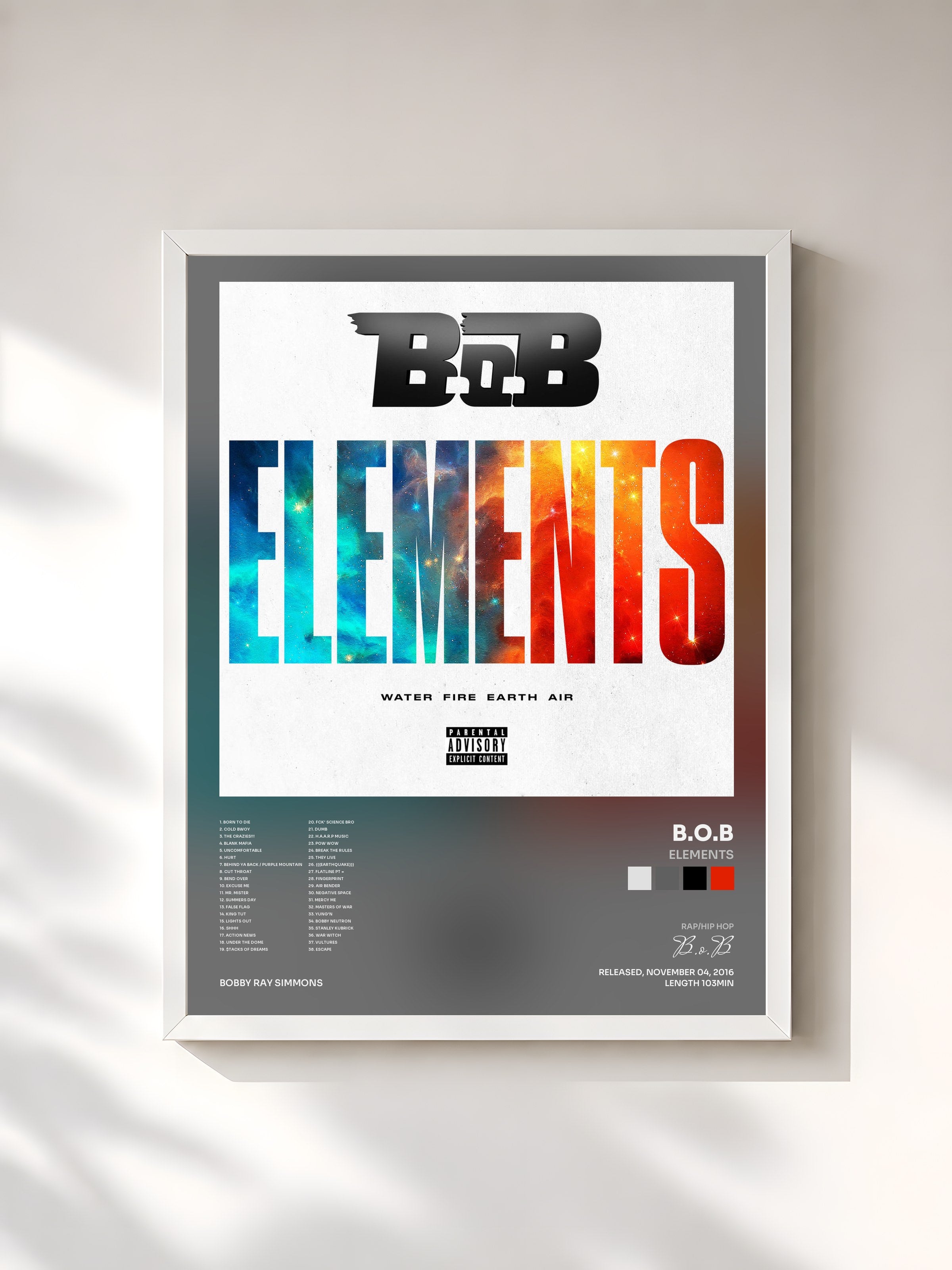 #blanc Tableau de l'album Elements de B.o.B, cadre blanc, imprimé et encadré en France