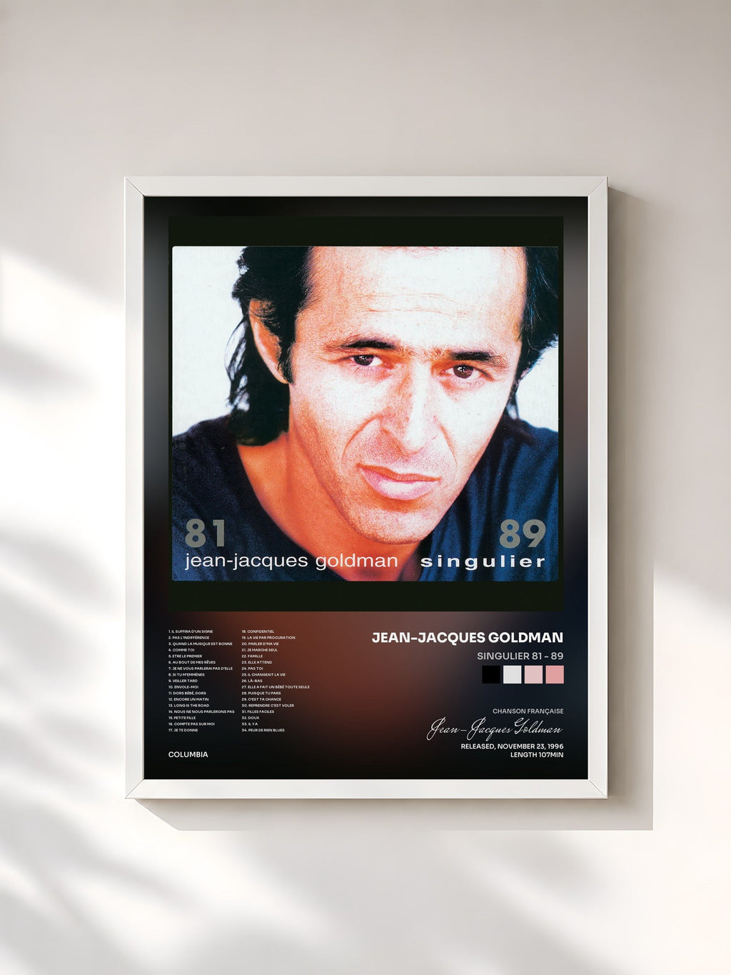 #blanc Tableau de l'album Singulier 81 - 89 de Jean-Jacques Goldman, cadre blanc, imprimé et encadré en France