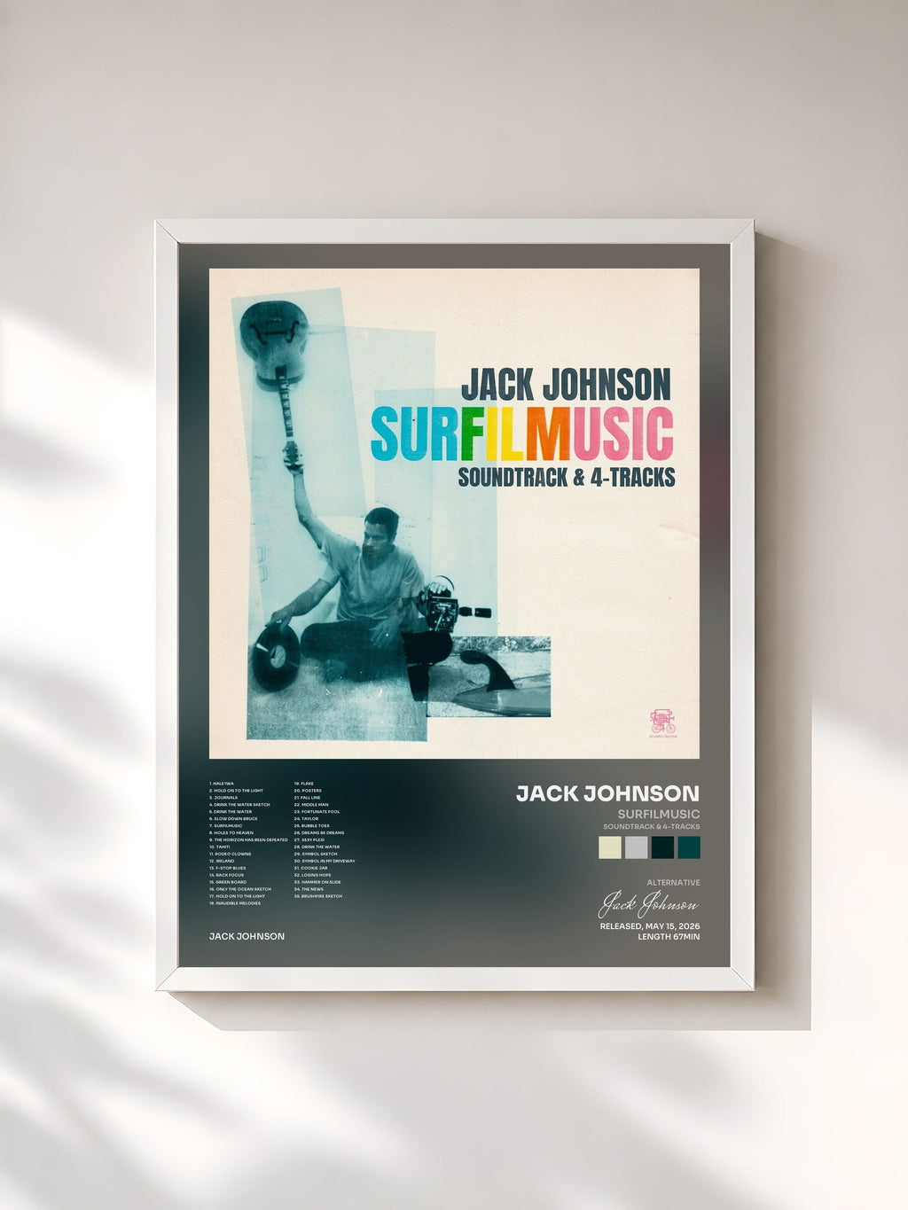 #blanc SURFILMUSIC (Soundtrack & 4-Tracks) von Jack Johnson als gerahmter Kunstdruck, weißer Rahmen, gedruckt und gerahmt in Frankreich