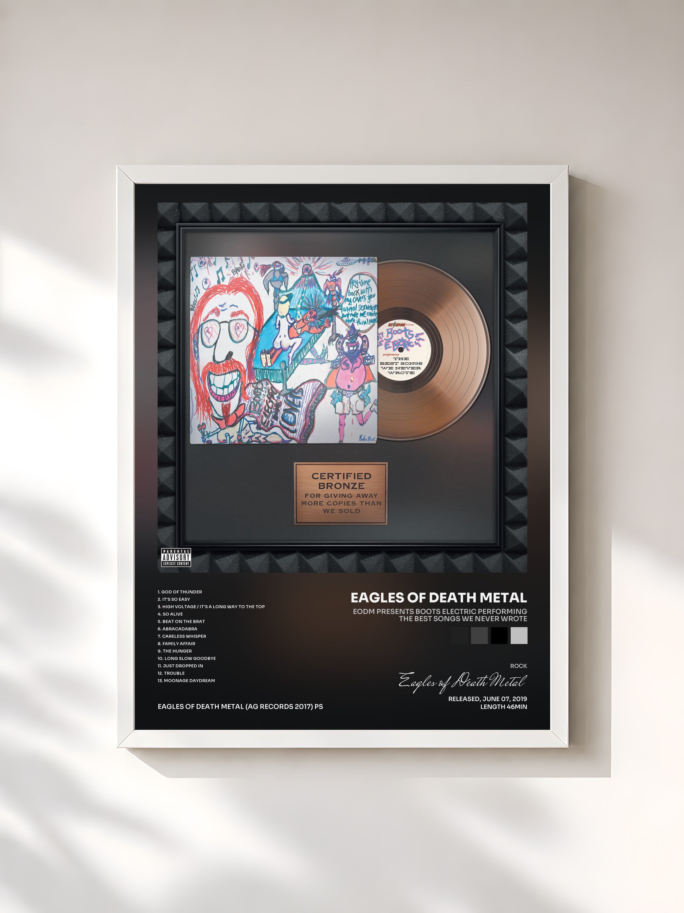 #blanc Tableau de l'album EODM Presents Boots Electric Performing The Best Songs We Never Wrote de Eagles of Death Metal, cadre blanc, imprimé et encadré en France