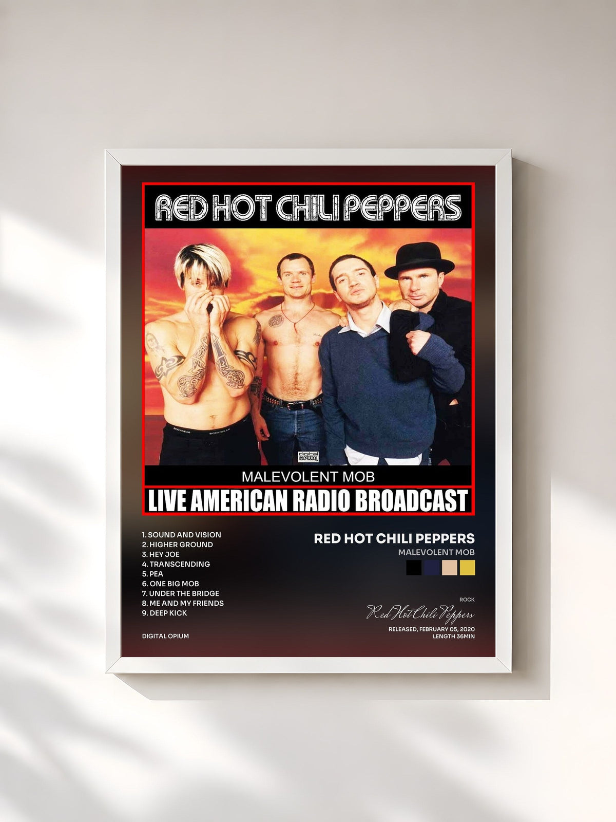 #blanc Tableau de l'album Malevolent Mob de Red Hot Chili Peppers, cadre blanc, imprimé et encadré en France