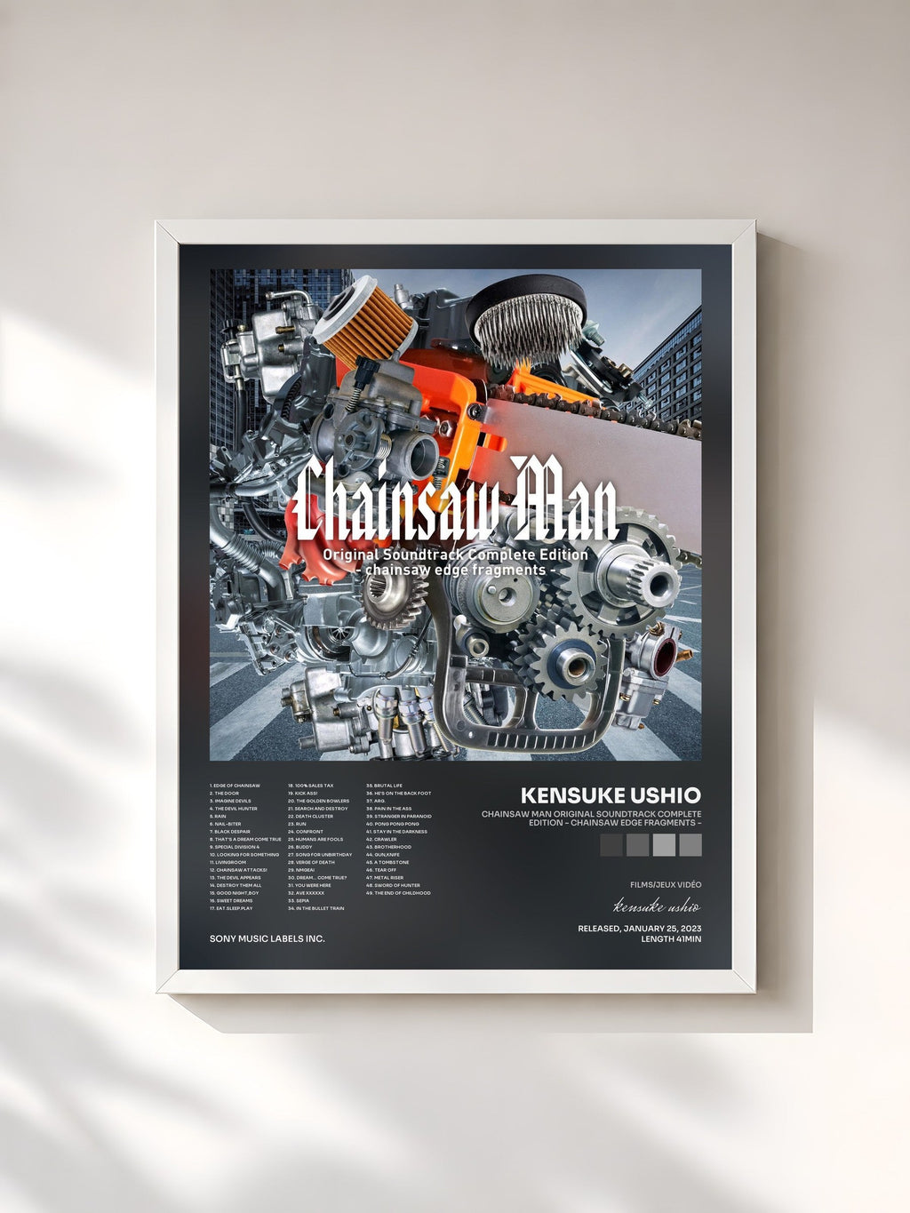 #blanc Tableau de l'album Chainsaw Man Original Soundtrack Complete Edition - chainsaw edge fragments - de kensuke ushio, cadre blanc, imprimé et encadré en France