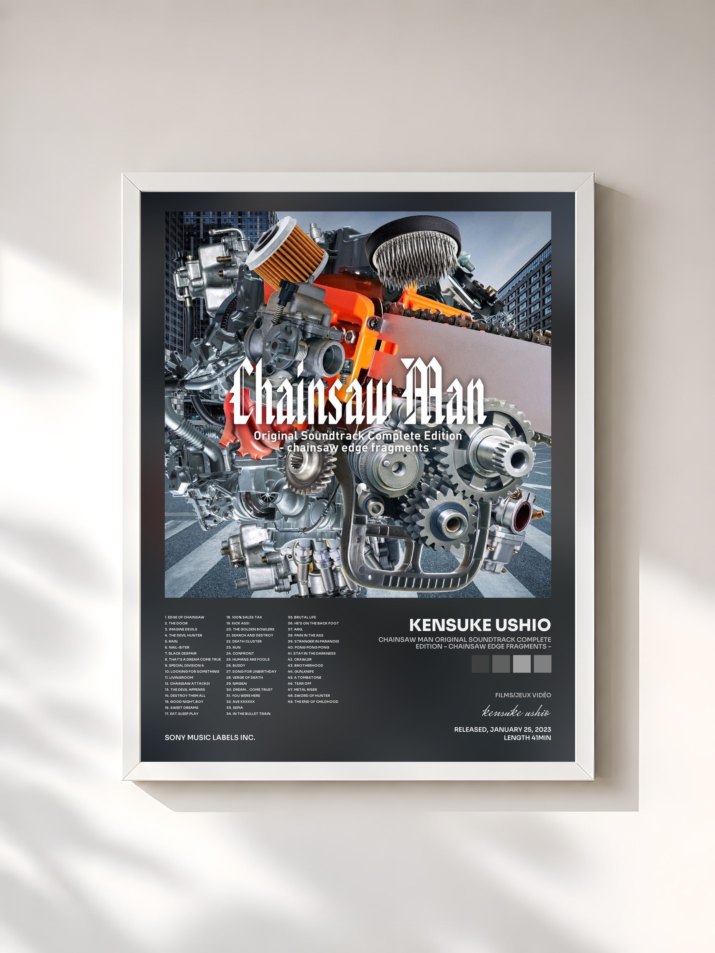 #blanc Tableau de l'album Chainsaw Man Original Soundtrack Complete Edition - chainsaw edge fragments - de kensuke ushio, cadre blanc, imprimé et encadré en France