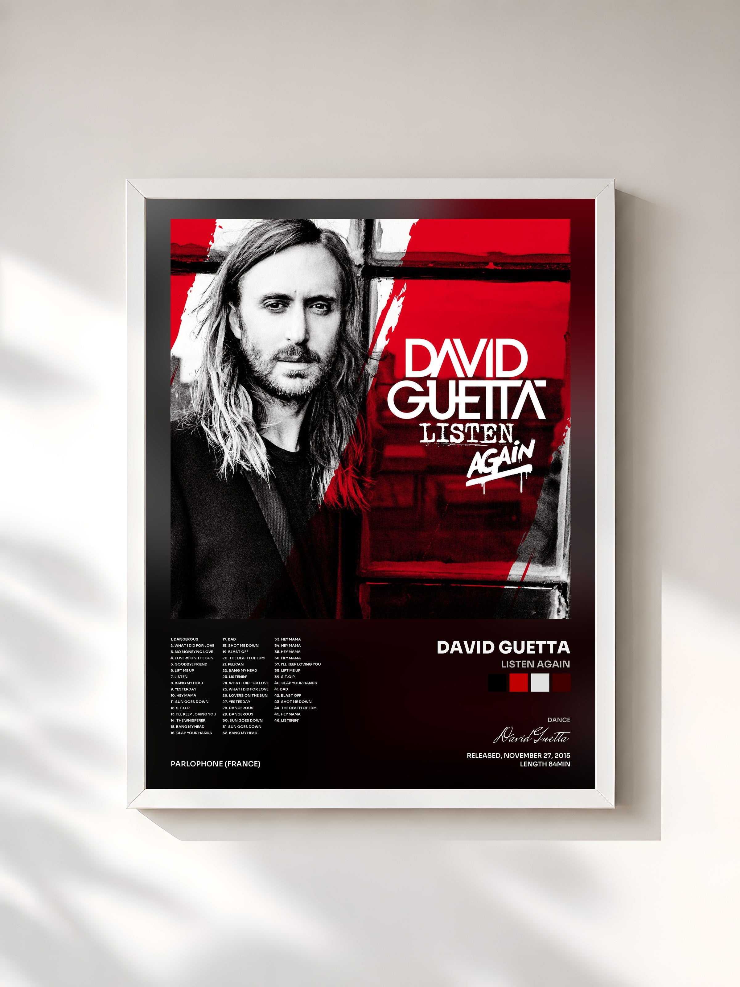 #blanc Tableau de l'album Listen Again de David Guetta, cadre blanc, imprimé et encadré en France