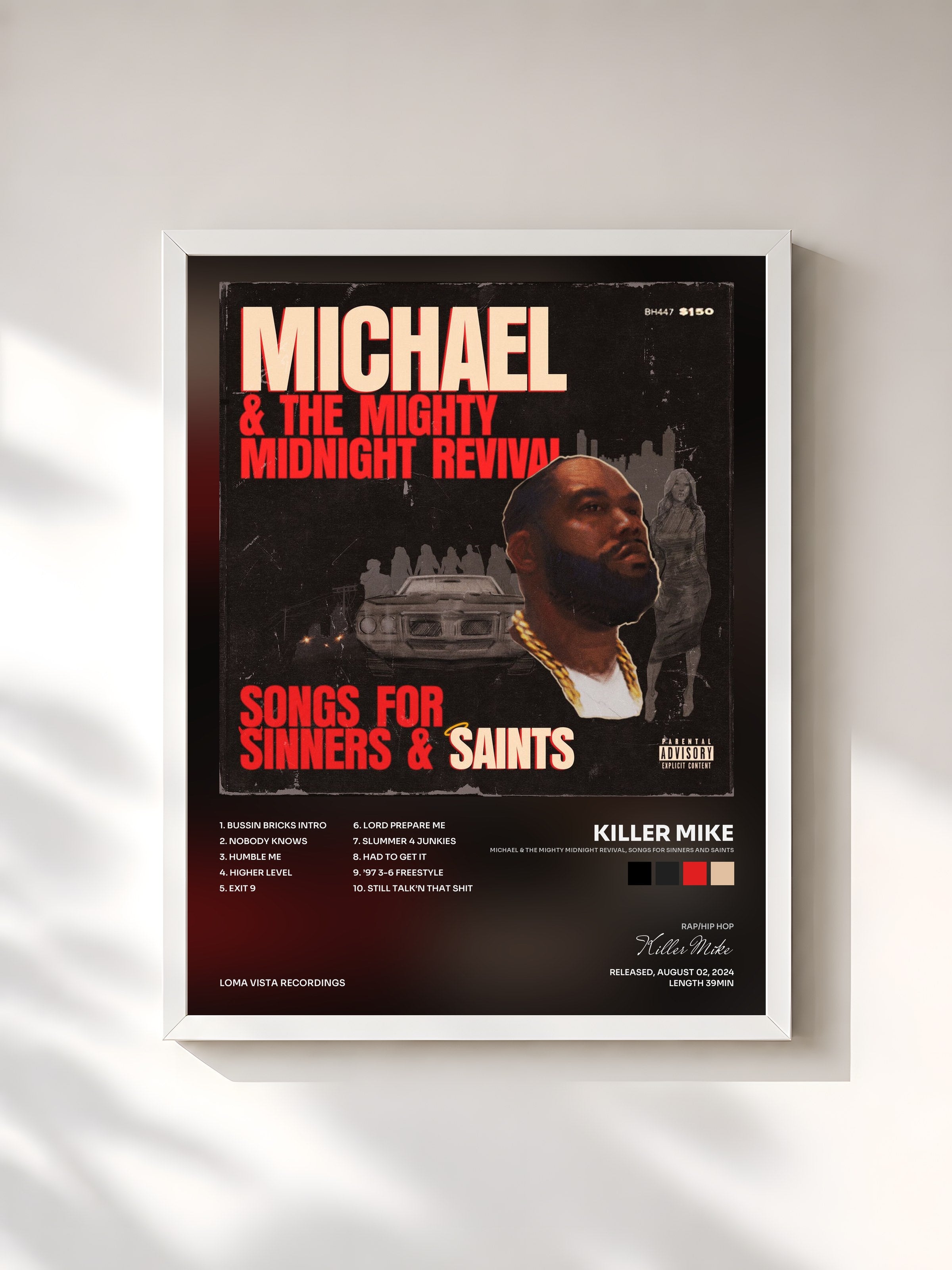 #blanc Tableau de l'album Michael & The Mighty Midnight Revival, Songs For Sinners And Saints de Killer Mike, cadre blanc, imprimé et encadré en France