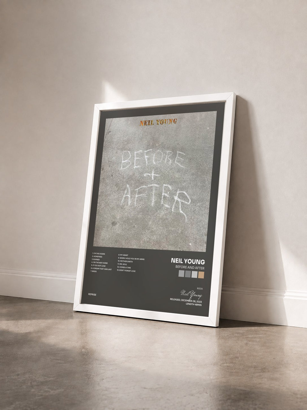 #blanc Tableau de l'album Before and After de Neil Young vu de trois quarts, cadre blanc
