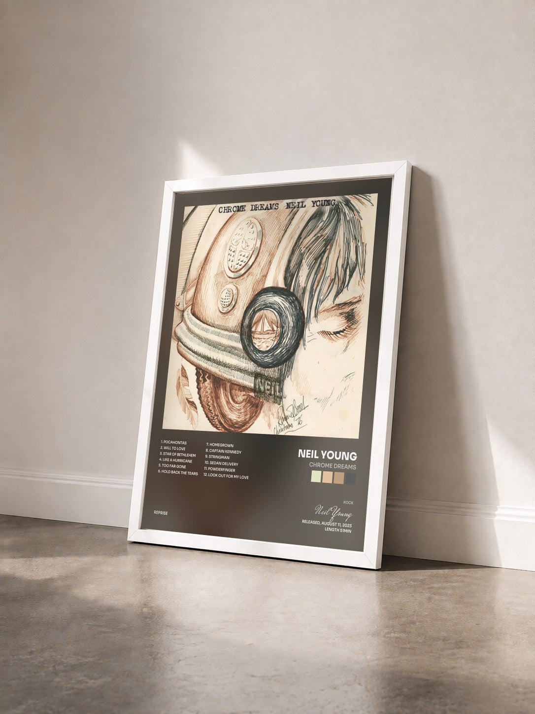 #blanc Tableau de l'album Chrome Dreams de Neil Young vu de trois quarts, cadre blanc