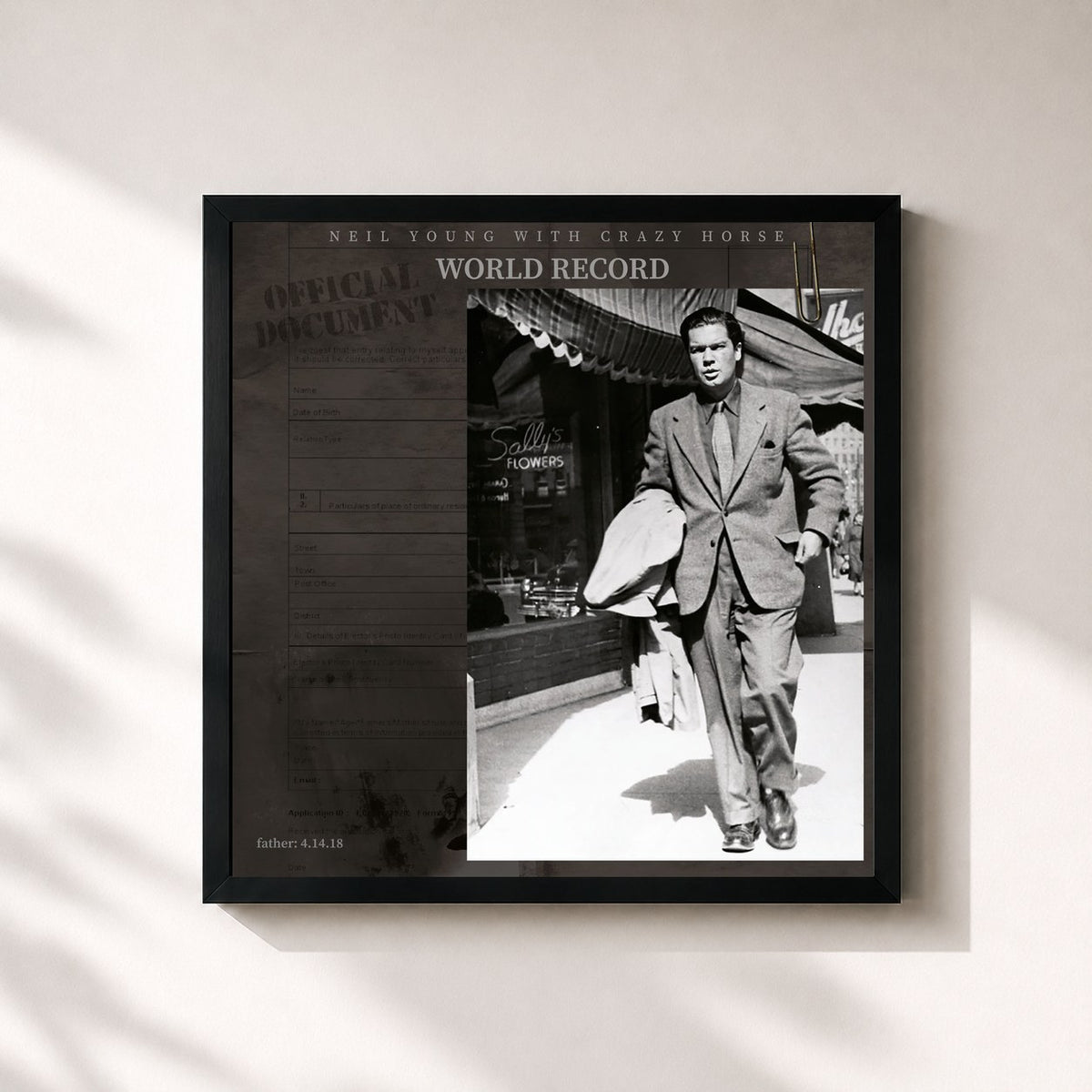 #noir Tableau carré de l'album World Record de Neil Young, cadre noir 32x32 cm