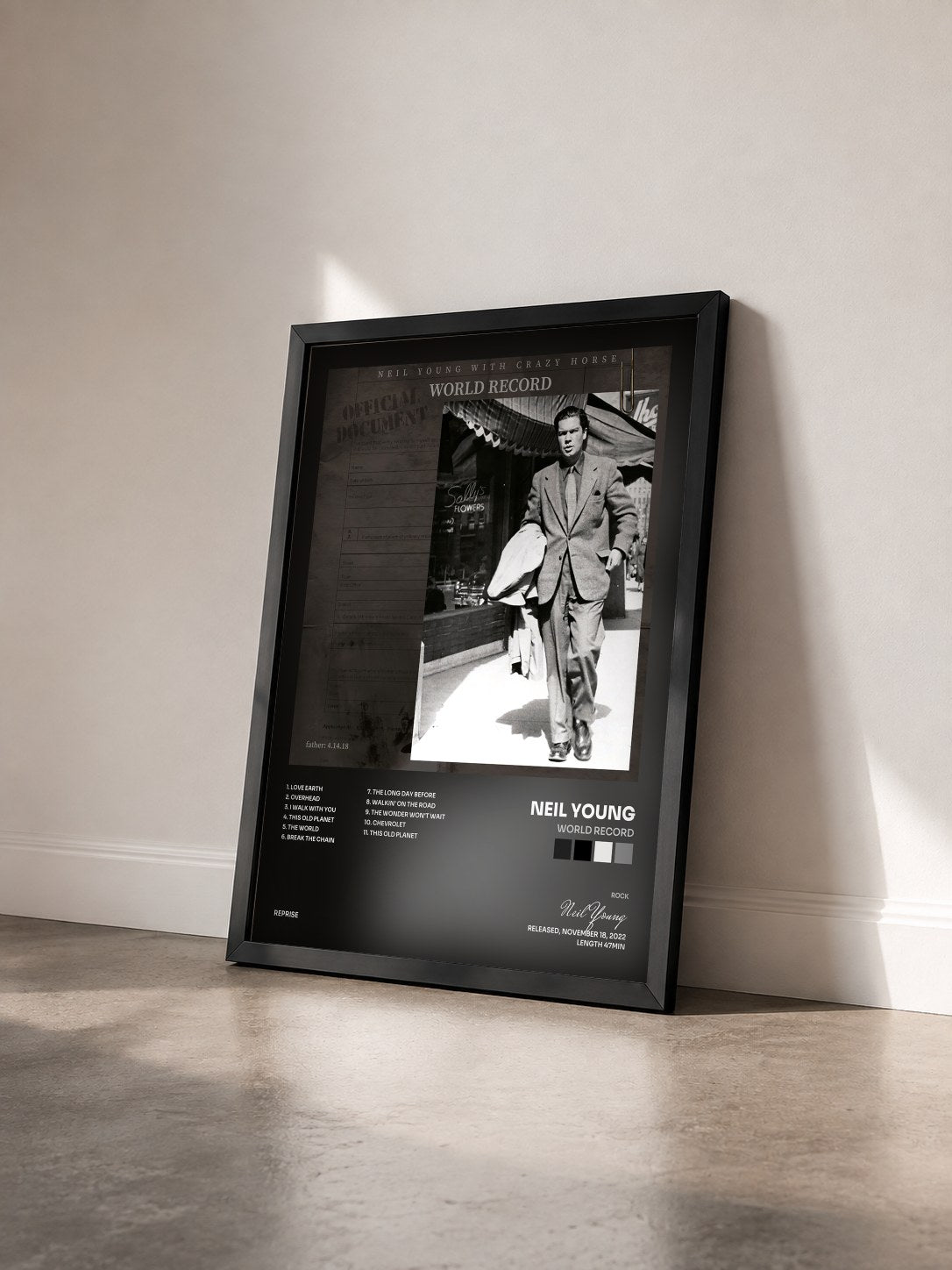 #noir Tableau de l'album World Record de Neil Young vu de trois quarts, cadre noir