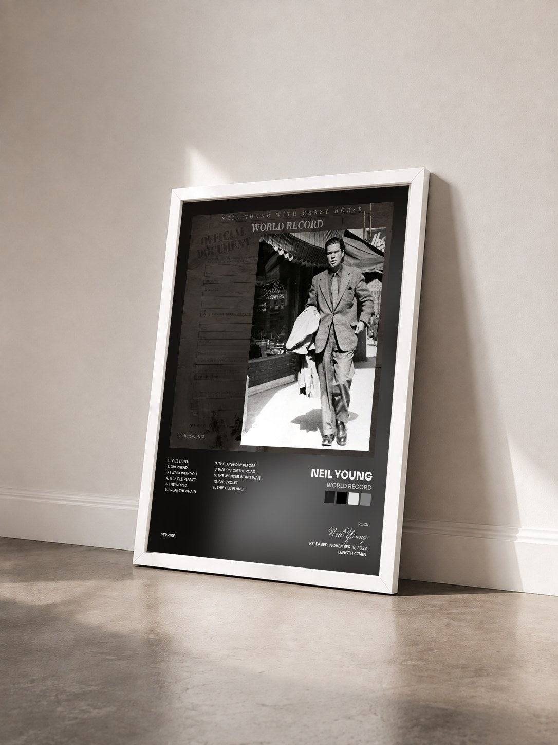 #blanc Tableau de l'album World Record de Neil Young vu de trois quarts, cadre blanc