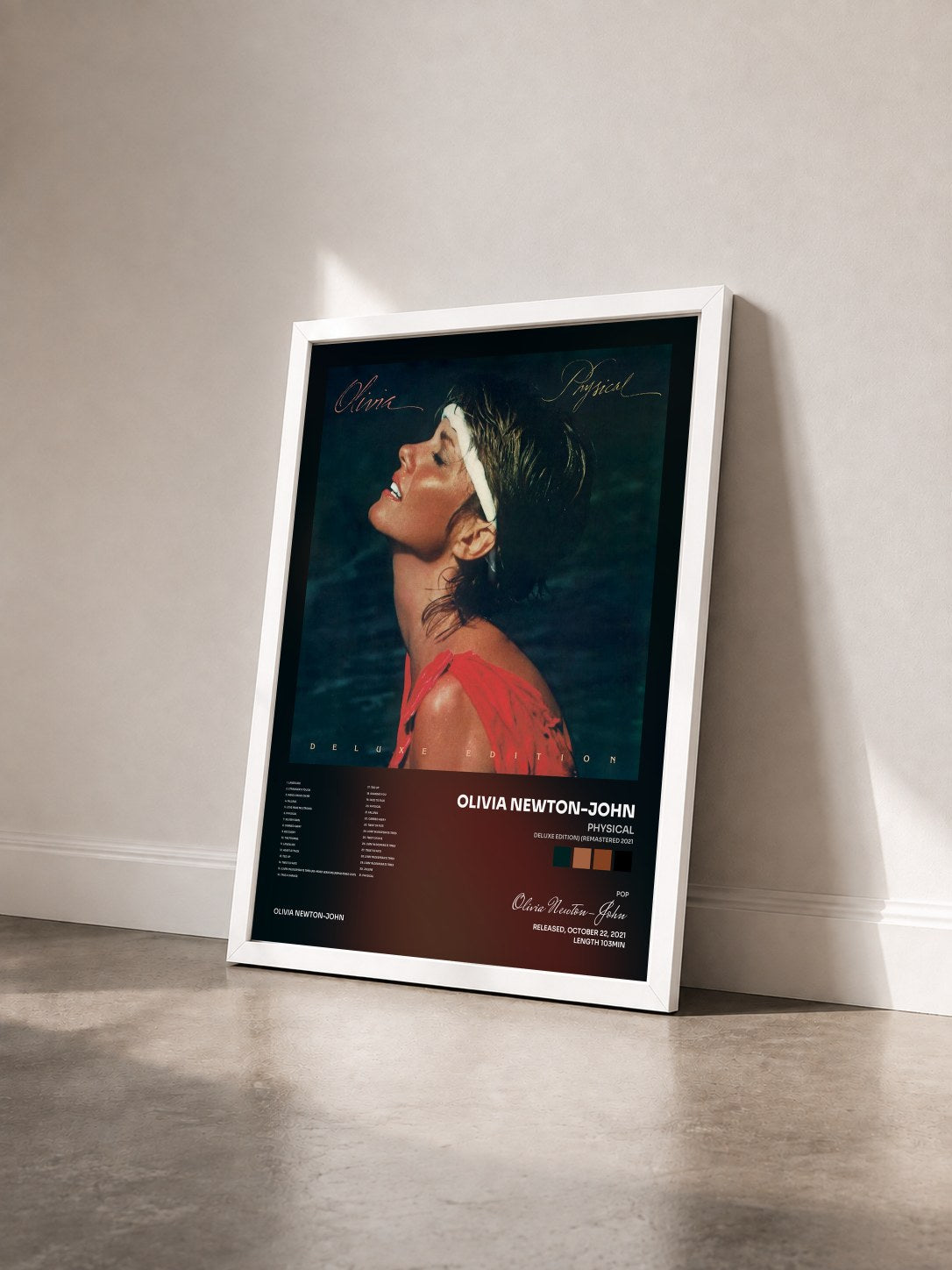 #blanc Tableau de l'album Physical (Deluxe Edition) (Remastered 2021) de Olivia Newton-John vu de trois quarts, cadre blanc