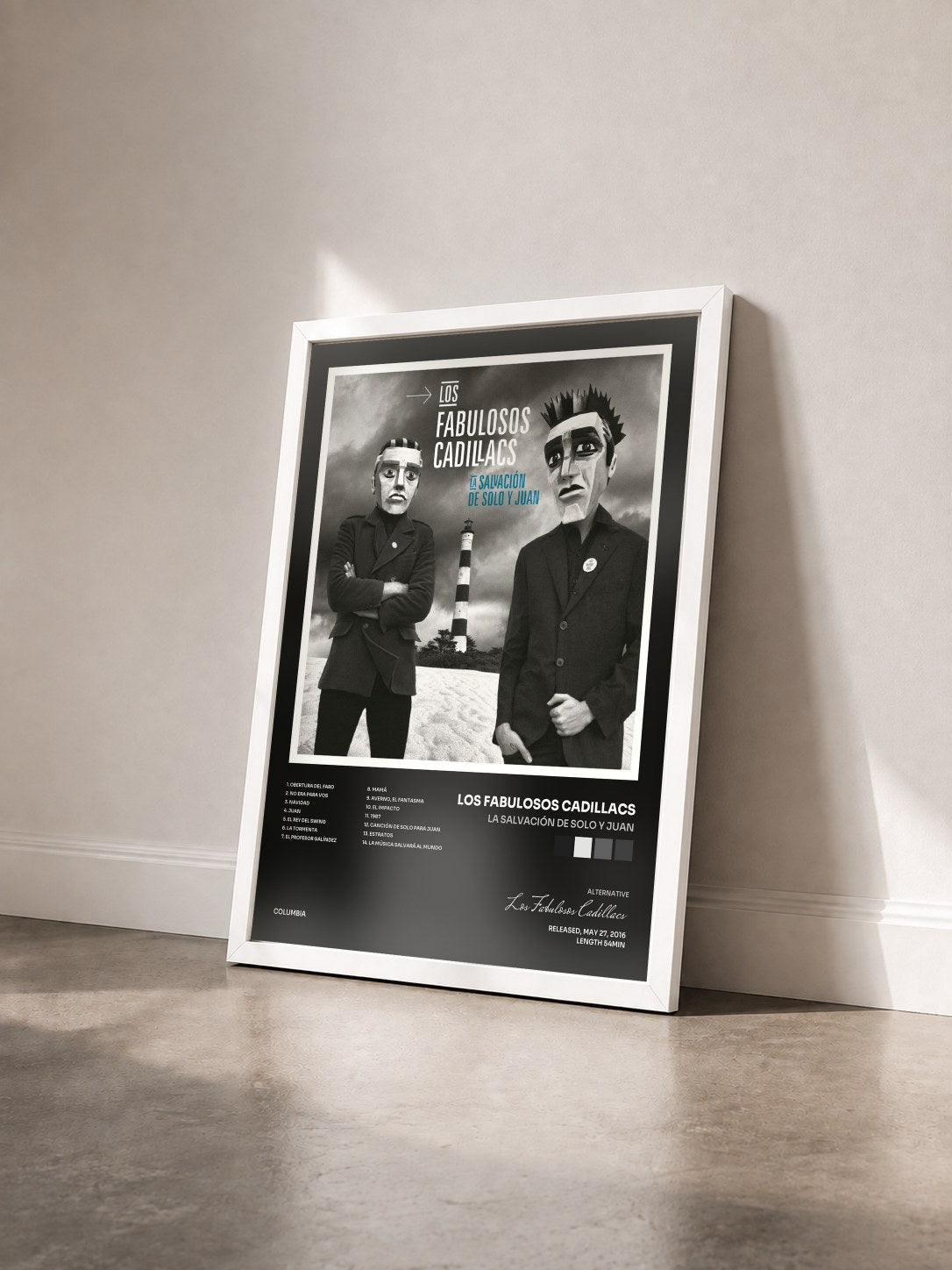 #blanc Tableau de l'album La Salvación de Solo y Juan de Los Fabulosos Cadillacs vu de trois quarts, cadre blanc