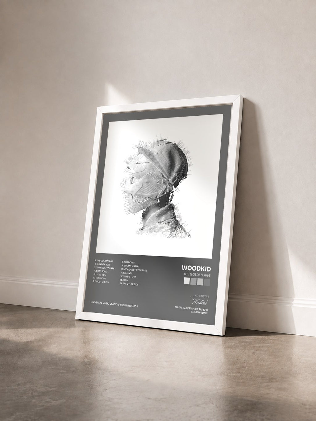 #blanc Tableau de l'album The Golden Age de Woodkid vu de trois quarts, cadre blanc
