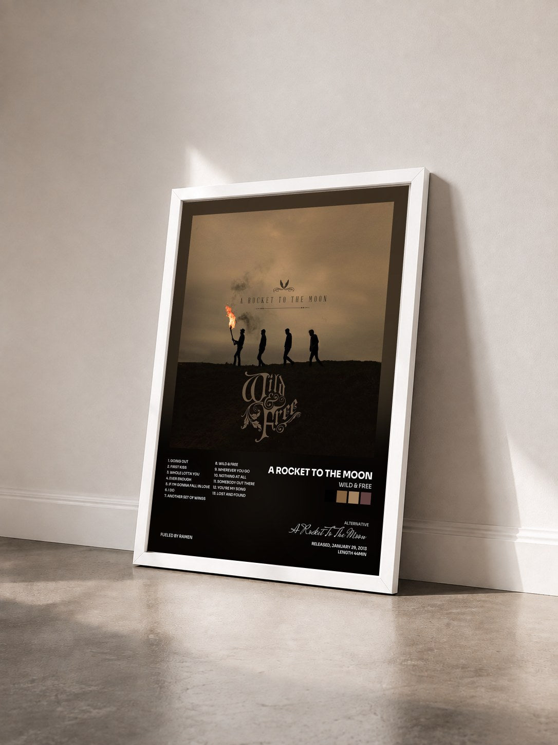 #blanc Tableau de l'album Wild & Free de A Rocket To The Moon vu de trois quarts, cadre blanc