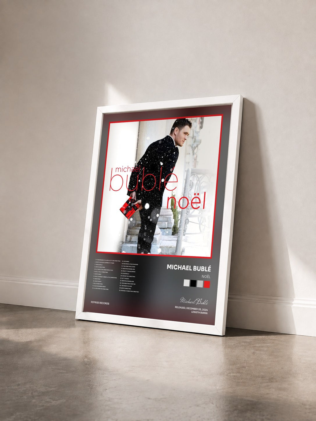 #blanc Tableau de l'album Noël de Michael Bublé vu de trois quarts, cadre blanc