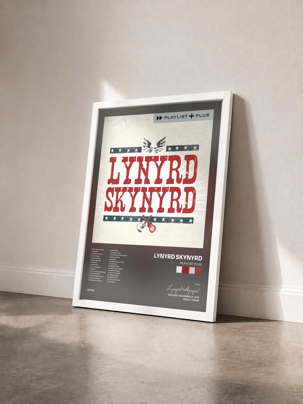 #blanc Playlist Plus de Lynyrd Skynyrd en lámina enmarcada vista de tres cuartos, marco blanco