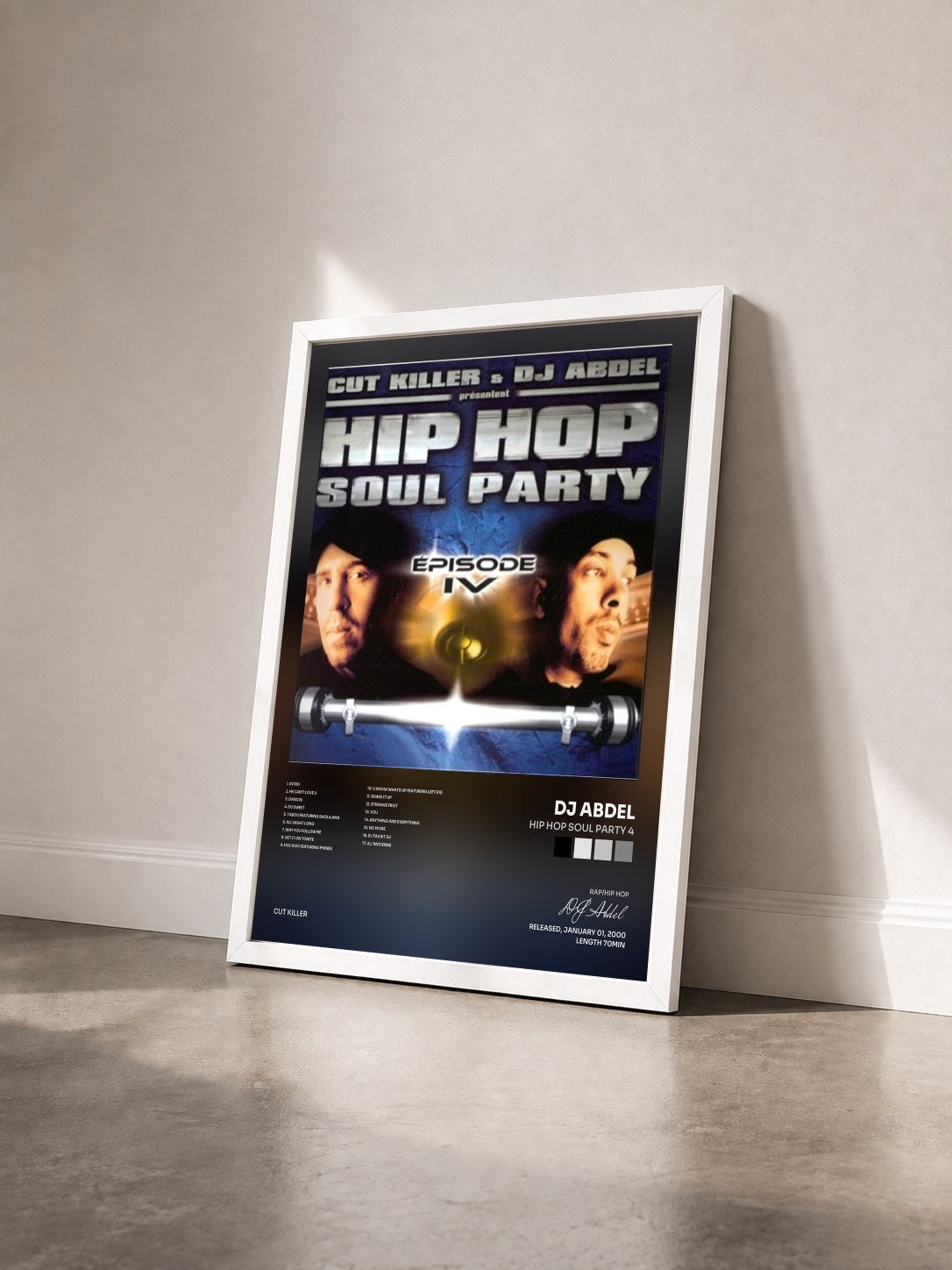 #blanc Tableau de l'album Hip Hop Soul Party 4 de DJ Abdel vu de trois quarts, cadre blanc