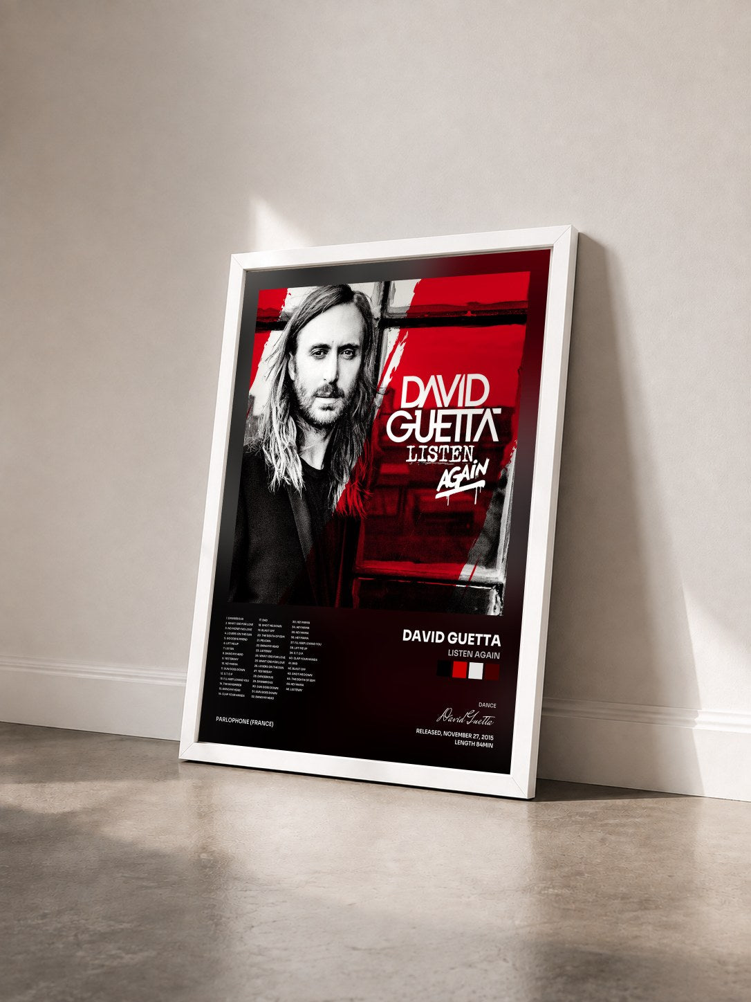 #blanc Tableau de l'album Listen Again de David Guetta vu de trois quarts, cadre blanc
