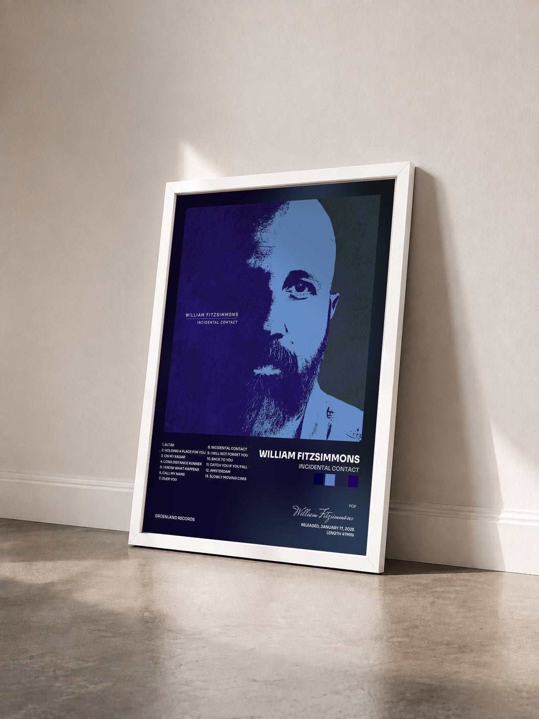 #blanc Tableau de l'album Incidental Contact de William Fitzsimmons vu de trois quarts, cadre blanc