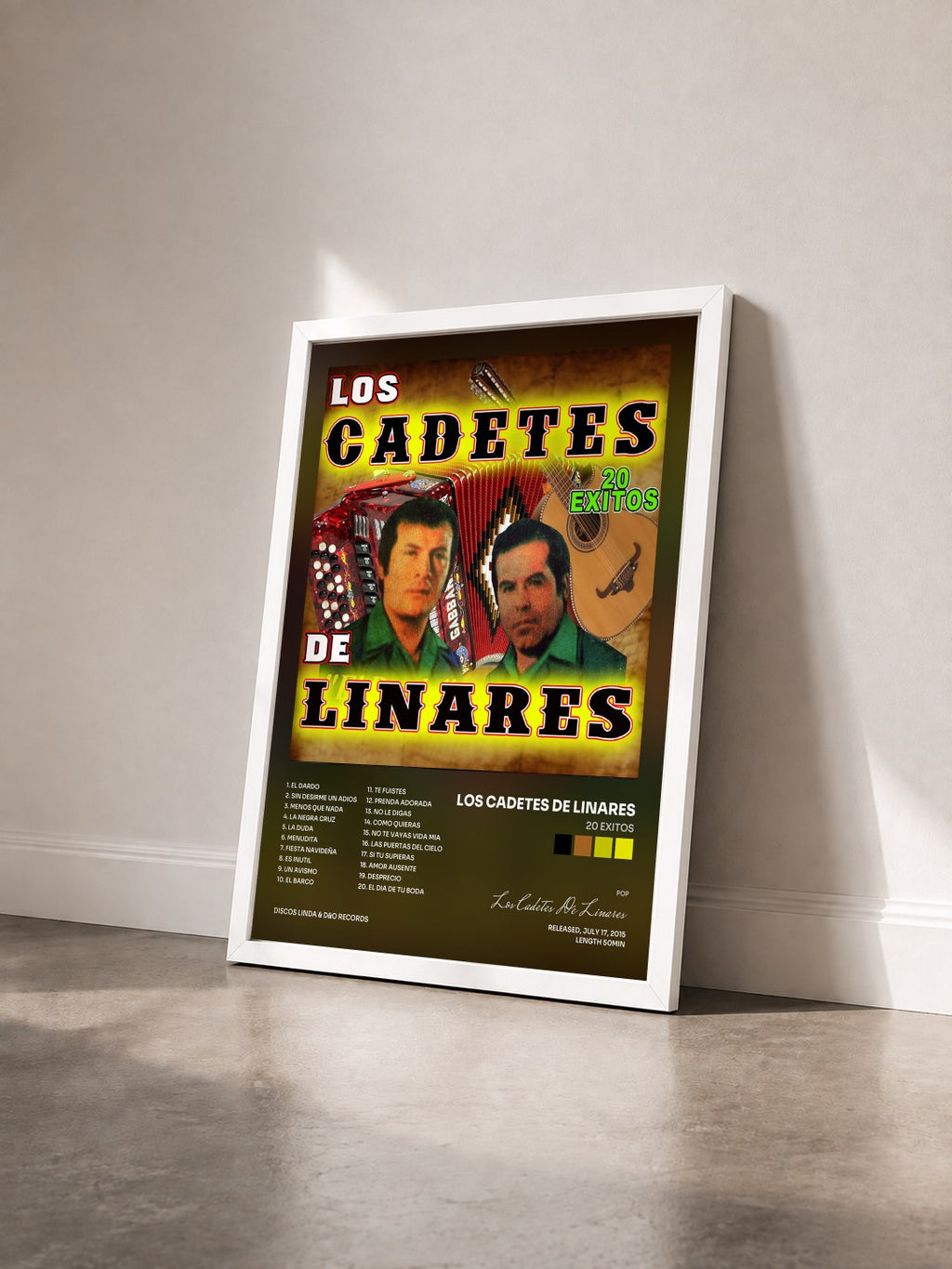#blanc Tableau de l'album 20 Exitos de Los Cadetes De Linares vu de trois quarts, cadre blanc