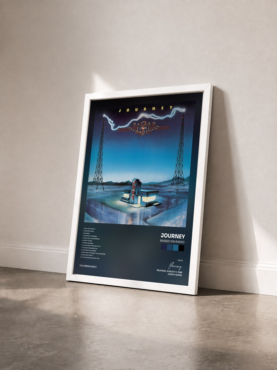 #blanc Tableau de l'album Raised On Radio de Journey vu de trois quarts, cadre blanc