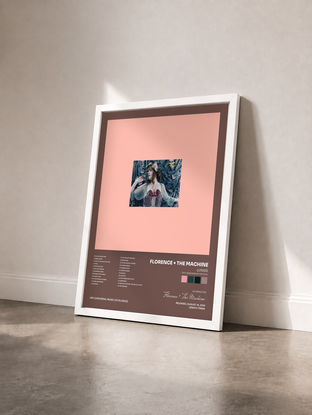 #blanc Tableau de l'album Lungs (10th Anniversary Edition) de Florence + The Machine vu de trois quarts, cadre blanc