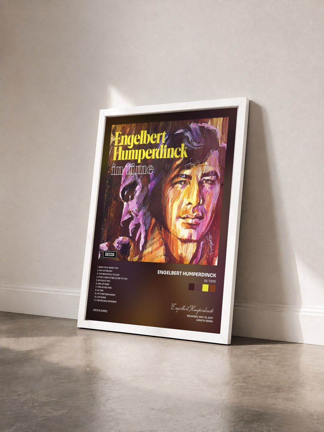 #blanc Tableau de l'album In Time de Engelbert Humperdinck vu de trois quarts, cadre blanc
