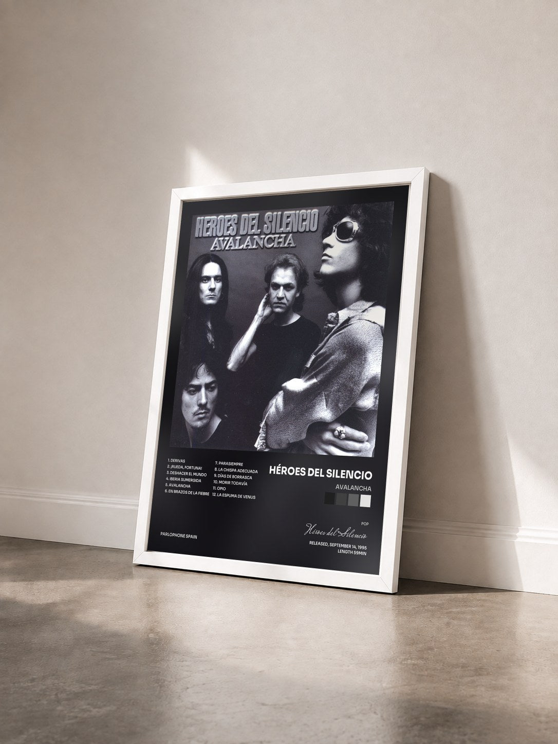 #blanc Tableau de l'album Avalancha de Héroes del Silencio vu de trois quarts, cadre blanc
