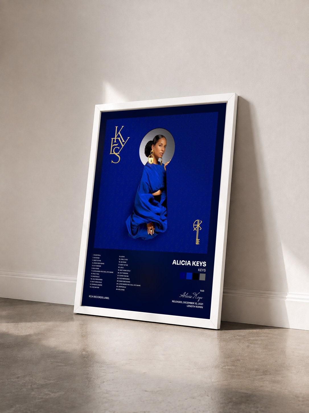 #blanc Tableau de l'album KEYS de Alicia Keys vu de trois quarts, cadre blanc