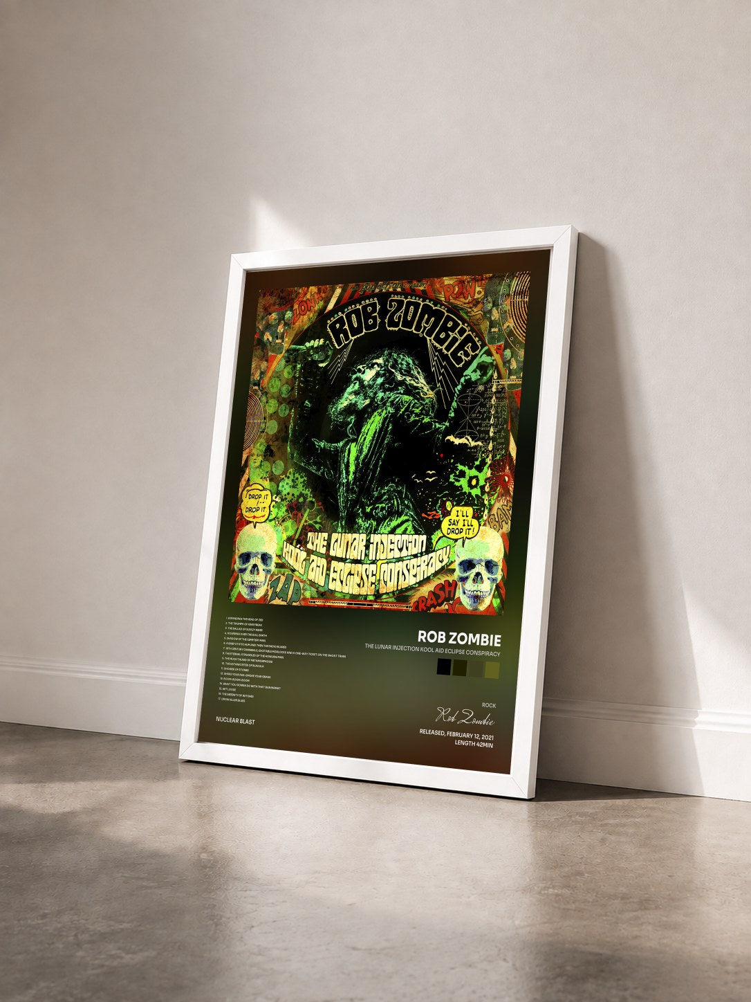 #blanc Tableau de l'album The Lunar Injection Kool Aid Eclipse Conspiracy de Rob Zombie vu de trois quarts, cadre blanc
