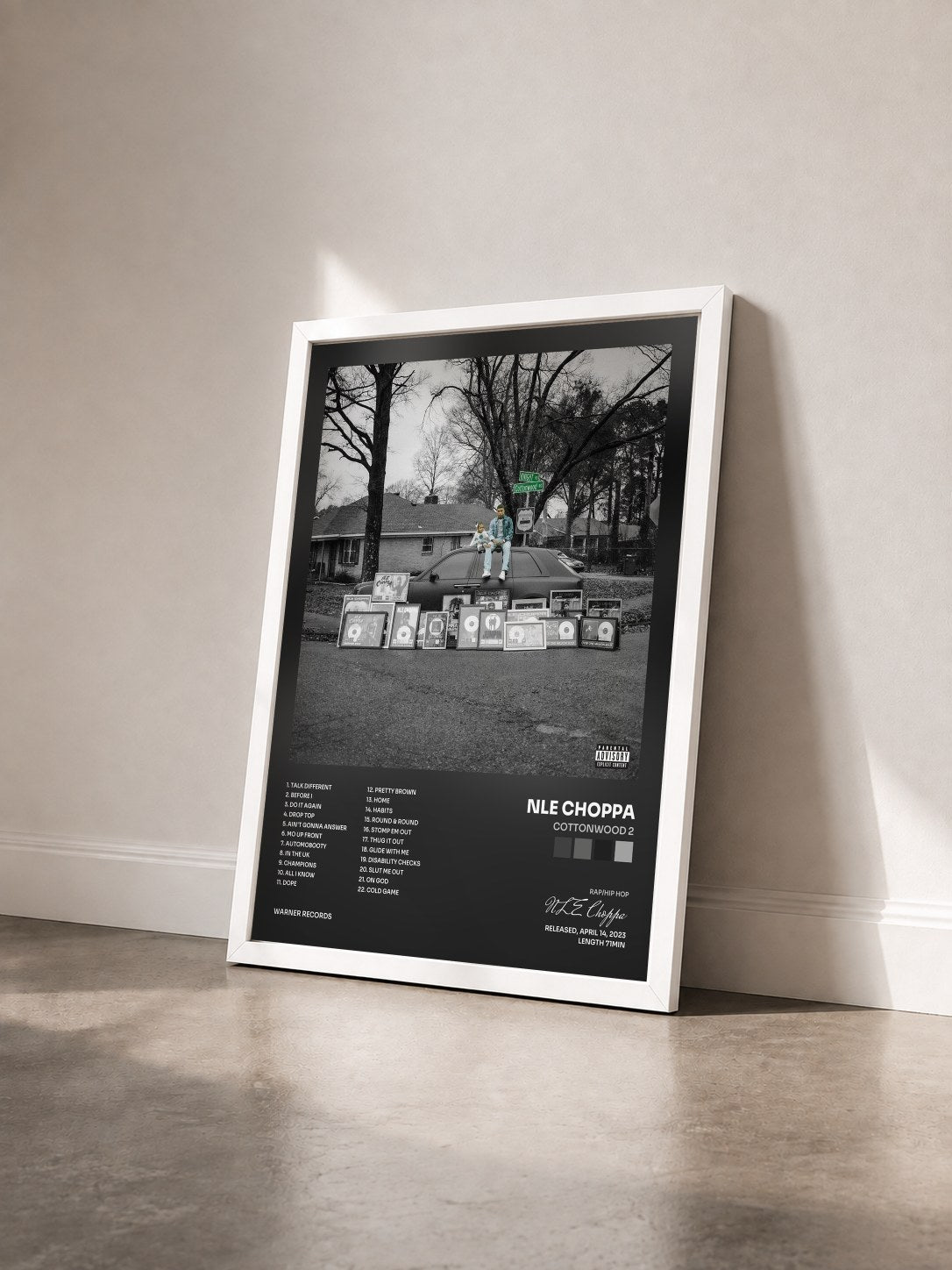 #blanc Tableau de l'album Cottonwood 2 de NLE Choppa vu de trois quarts, cadre blanc