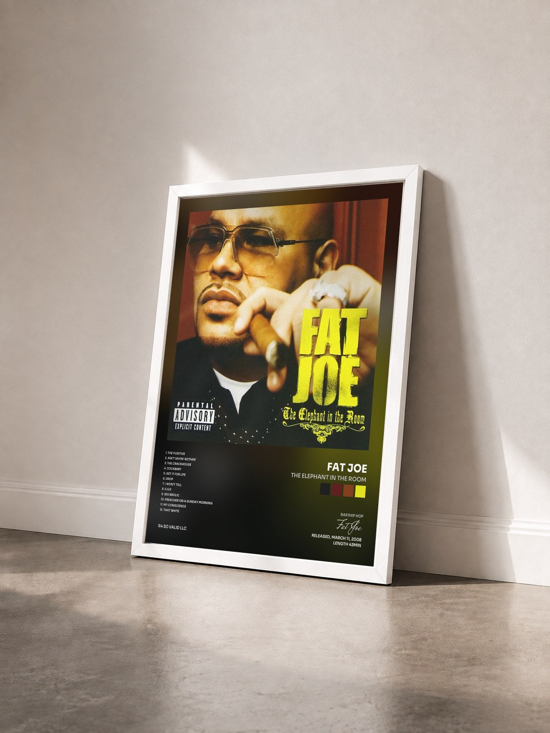 #blanc Tableau de l'album The Elephant In The Room de Fat Joe vu de trois quarts, cadre blanc