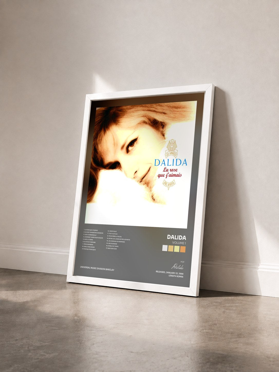#blanc Volume 1 by Dalida as a framed art print seen at an angle, white frame
