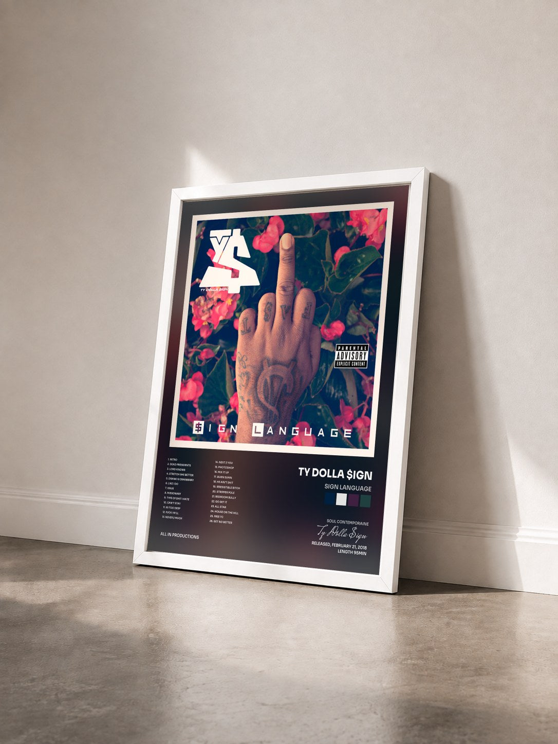 #blanc Tableau de l'album Sign Language de Ty Dolla $ign vu de trois quarts, cadre blanc