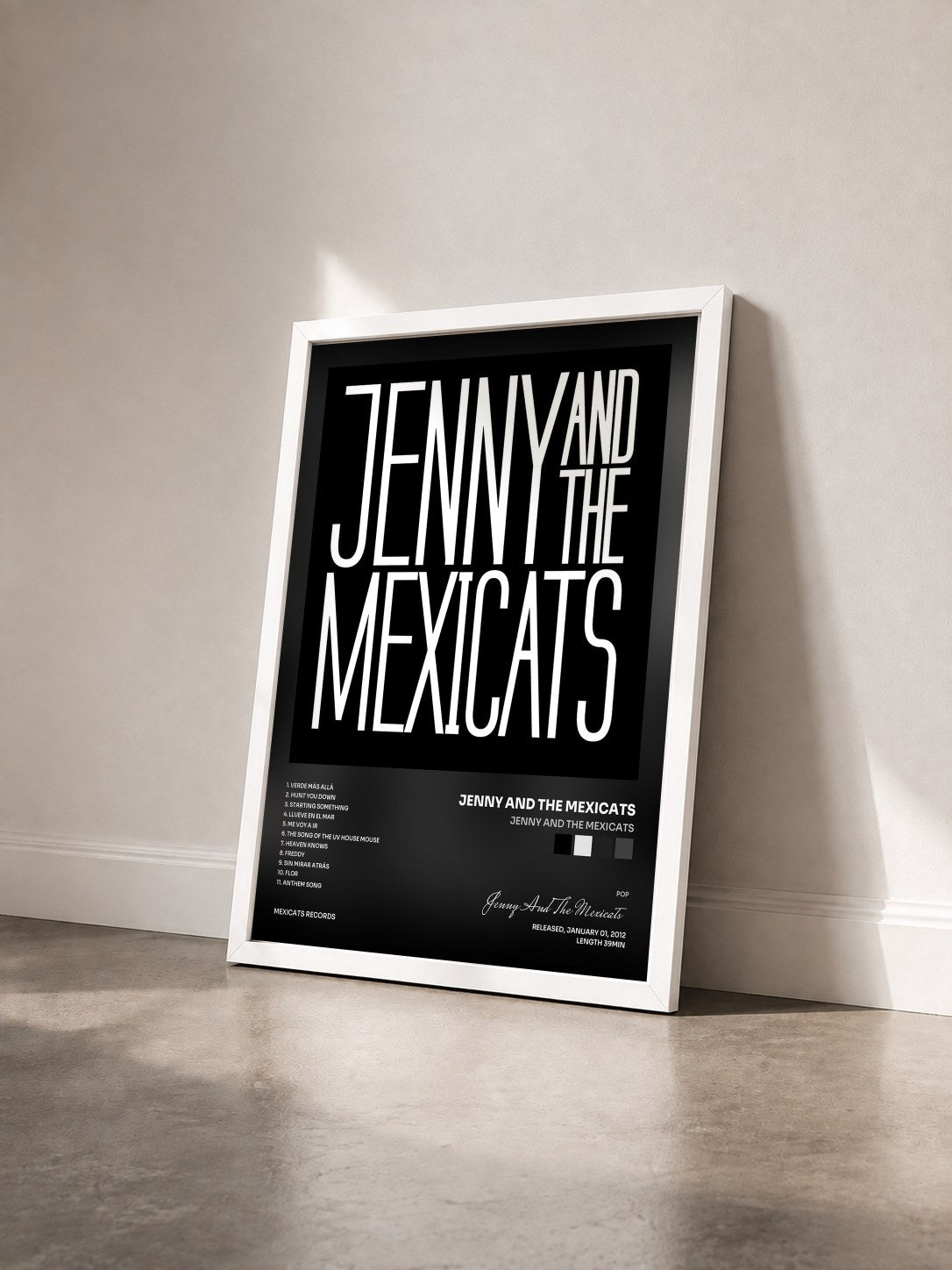 #blanc Tableau de l'album Jenny And The Mexicats de Jenny And The Mexicats vu de trois quarts, cadre blanc